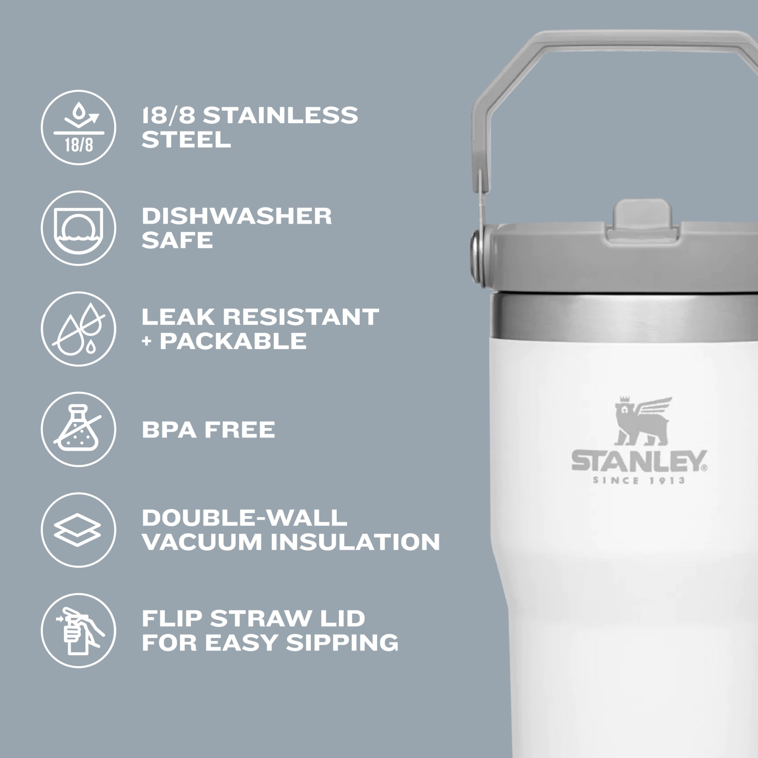 Stanley IceFlow Stainless Steel Tumbler - Vacuum Insulated Water Bottle for Home, Office or Car Reusable Cup with Straw Leak Resistant Flip Cold for 12 Hours or Iced for 2 Days, Alpine, 20OZ