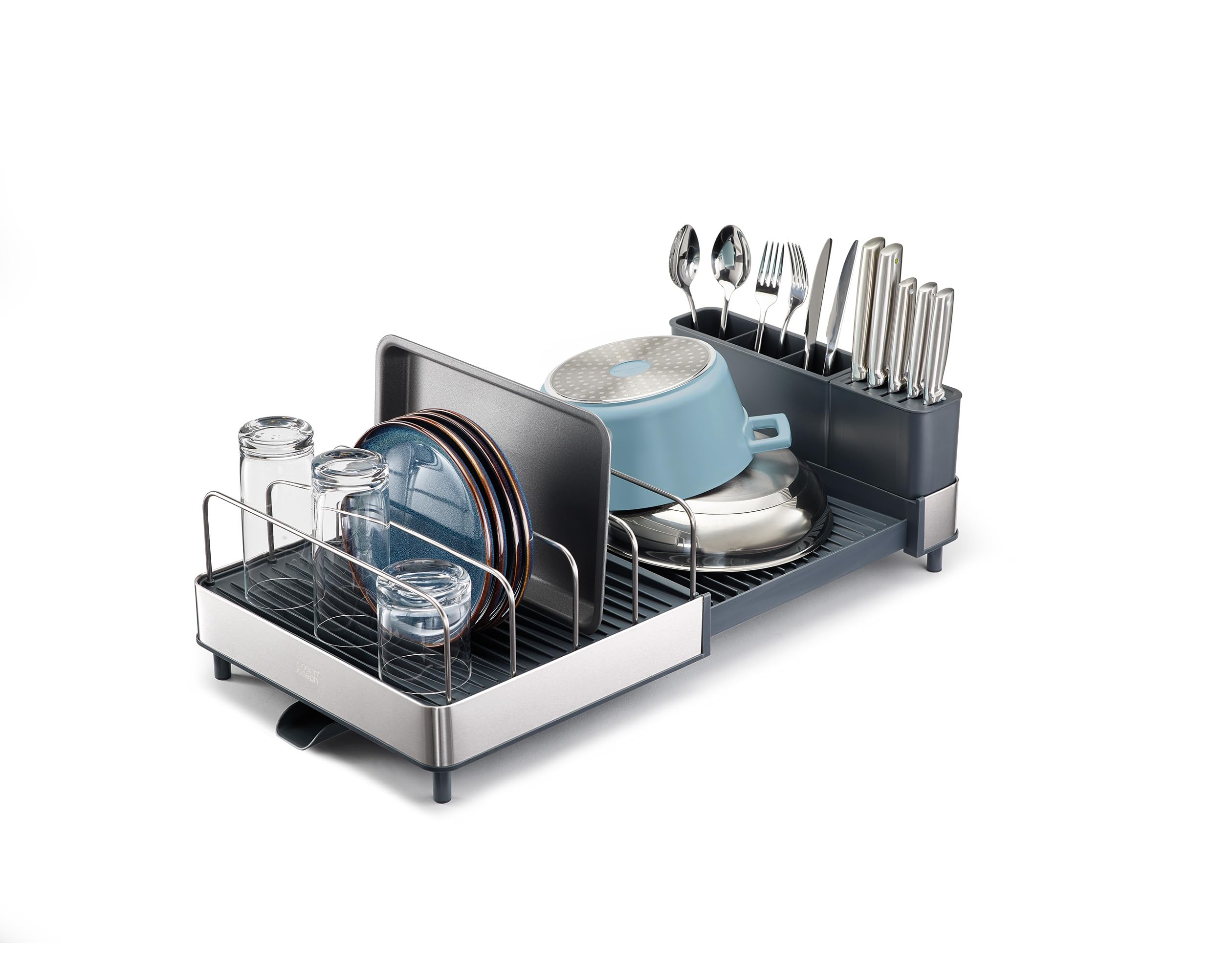 Joseph Joseph Extend Max Steel Expanding Dish Drying Rack, with high Capacity Large for Items, Cutlery and Knife Holder, Swivel Draining Spout, Stainless Steel