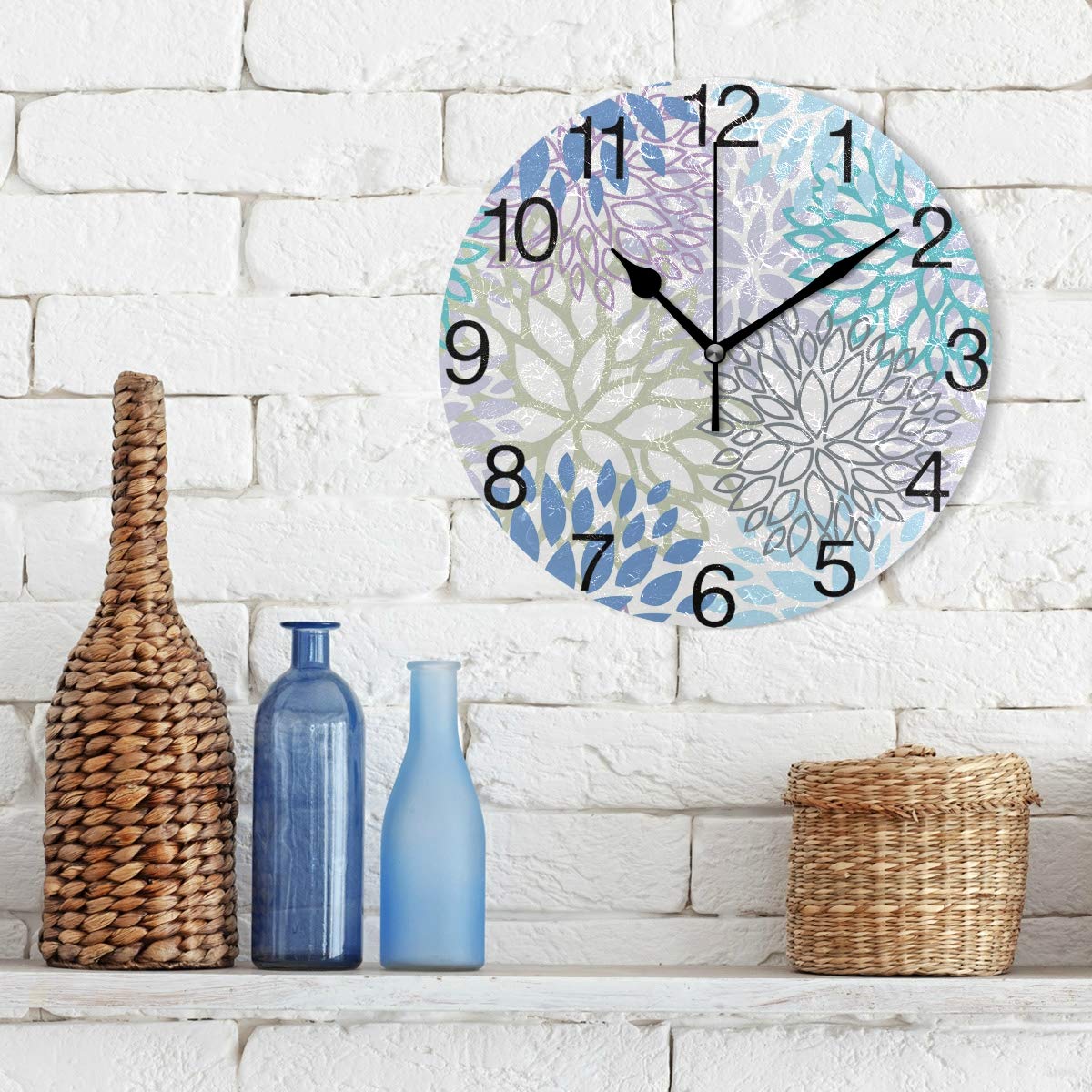 White Dahlia Round Wall Clock, Silent Non Ticking Oil Painting Decorative for Home Office School Clock Art, Blue Grey And Purple