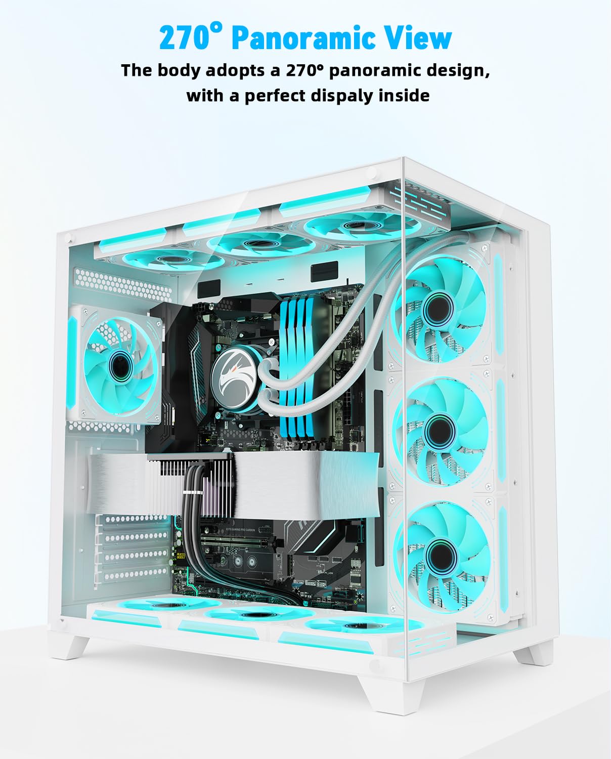 SZD S590 Mid ATX Gaming PC Case, 270° Full View Seamless Tempered, 360mm Radiator Support, High-Airflow Dual-Chamber Computer Tower Case-Fans not Included