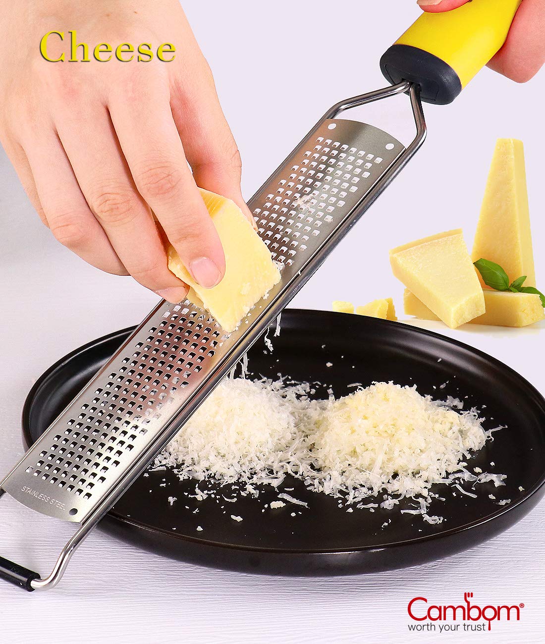 Cambom Zester Grater Cheese Grater - 2 in 1 Parmesan Cheese, Lemon, Chocolate, Ginger, Garlic, Nutmeg, Vegetables, Fruits - Non-Slip Handle Yellow