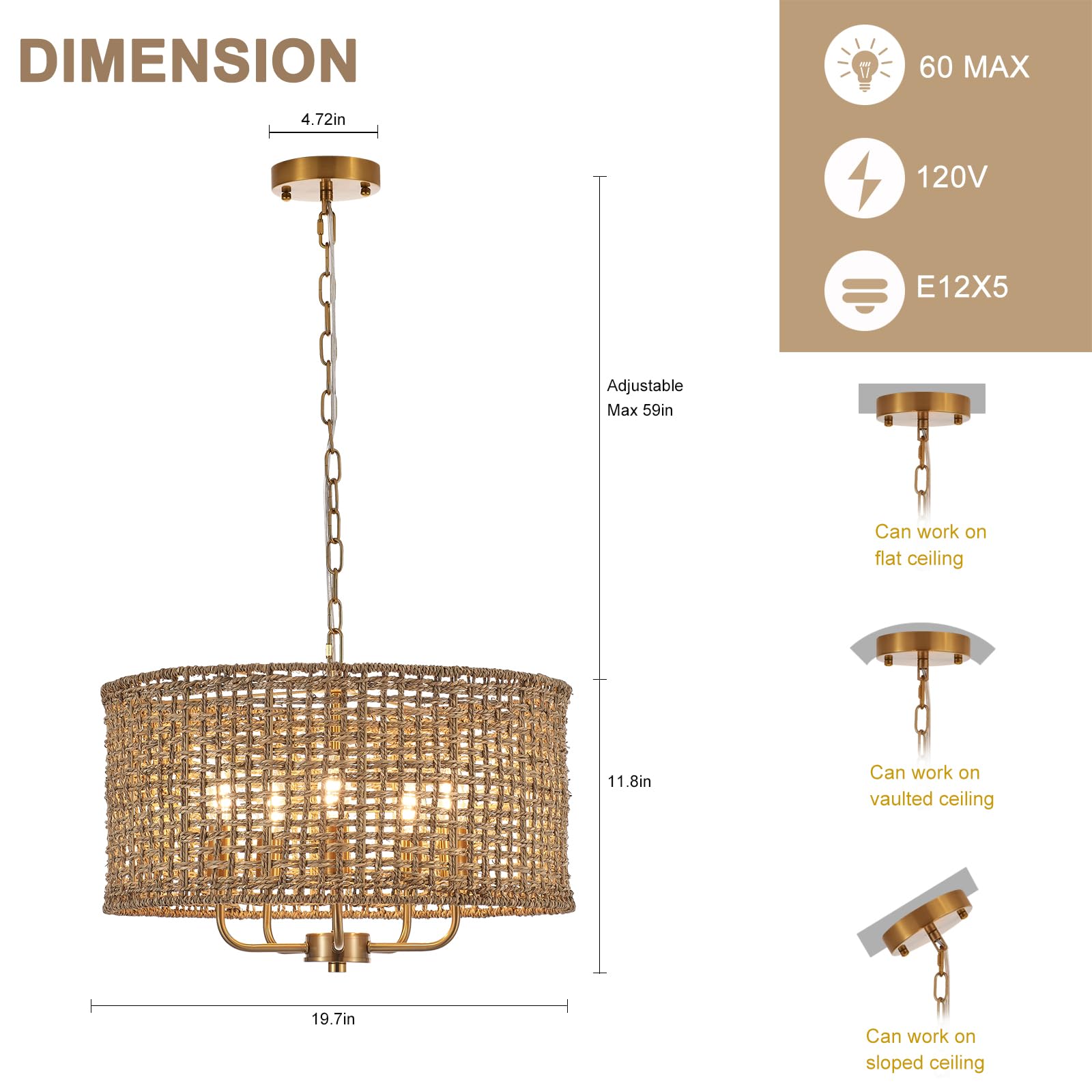 YOMECOO Hand-Woven Rattan Chandelier Vintage Farmhouse Boho Bamboo Chandelier Light Fixture Mini Retro 5-Lights Drum Wicker Rattan Chandelier for Dining Room, Kitchen, Living Room