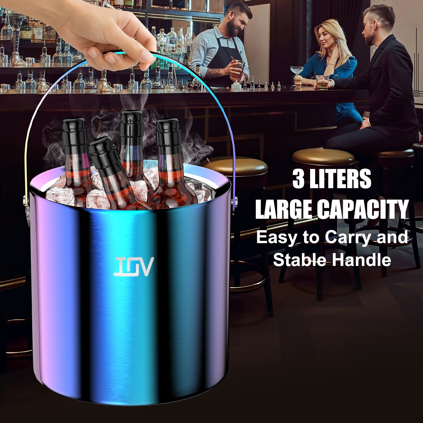 IOV Ice Bucket with Lid, Scoop, Tongs, and Strainer, 3 L Stainless Steel Double Wall Insulated Ice Bucket for Parties, Keeps Ice Frozen Longer, Ideal for Cocktail Bars, Freezers, and Wine - Rainbow