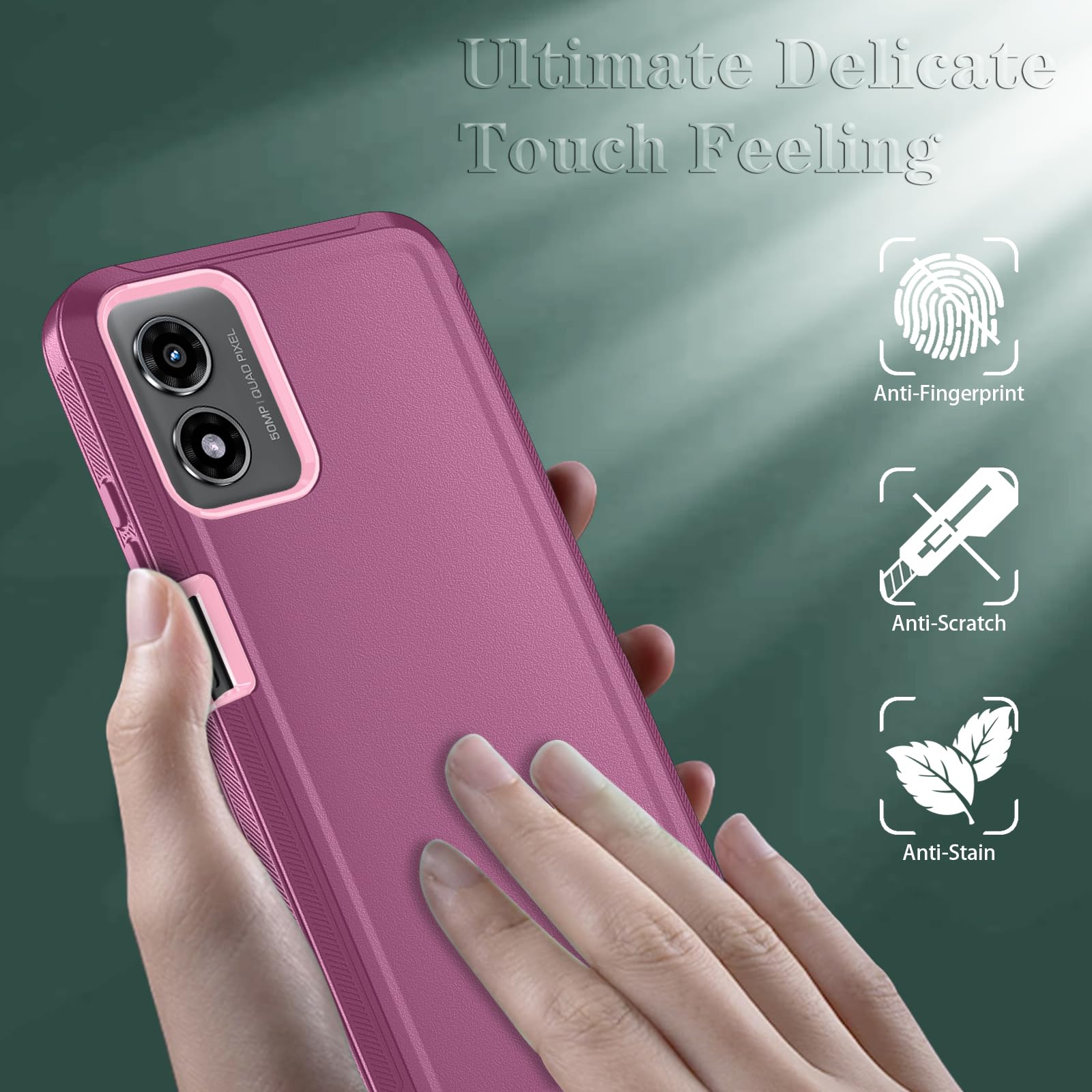 Qinmay Phone Case for Motorola Moto G Play 2024 4G Case with HD Screen Protector, Heavy Duty Shockproof & Dropproof 3-Layer Cover Phone Case for Moto G Play 2024 (WineRed Pink)