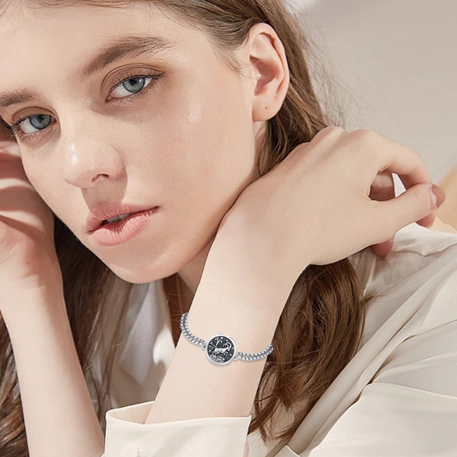 XIXLES Aries Zodiac Jewelry 925 Sterling Silver Aries Constellation Medal Bracelet,Fashion Retro Astrology Horoscope Sign Adjustable Bracelet, Aries Birthday Jewelry Graduation Gifts for Women Mom