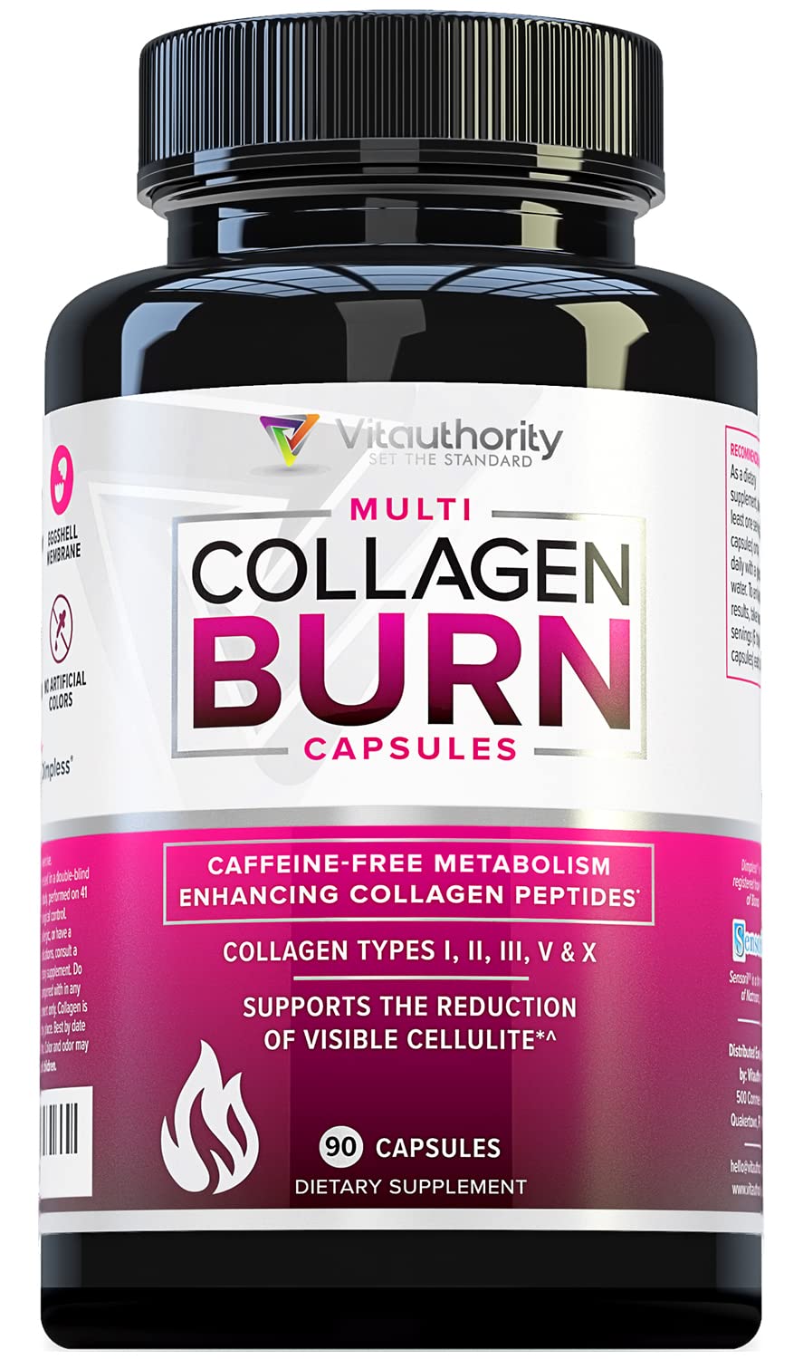 Multi Collagen Burn: Multi-Type Hydrolyzed Protein Peptides with Hyaluronic Acid, Vitamin C, SOD B Dimpless, Types I, II, III, V and X Collagen, Caffeine-Free (Unflavored Capsules)