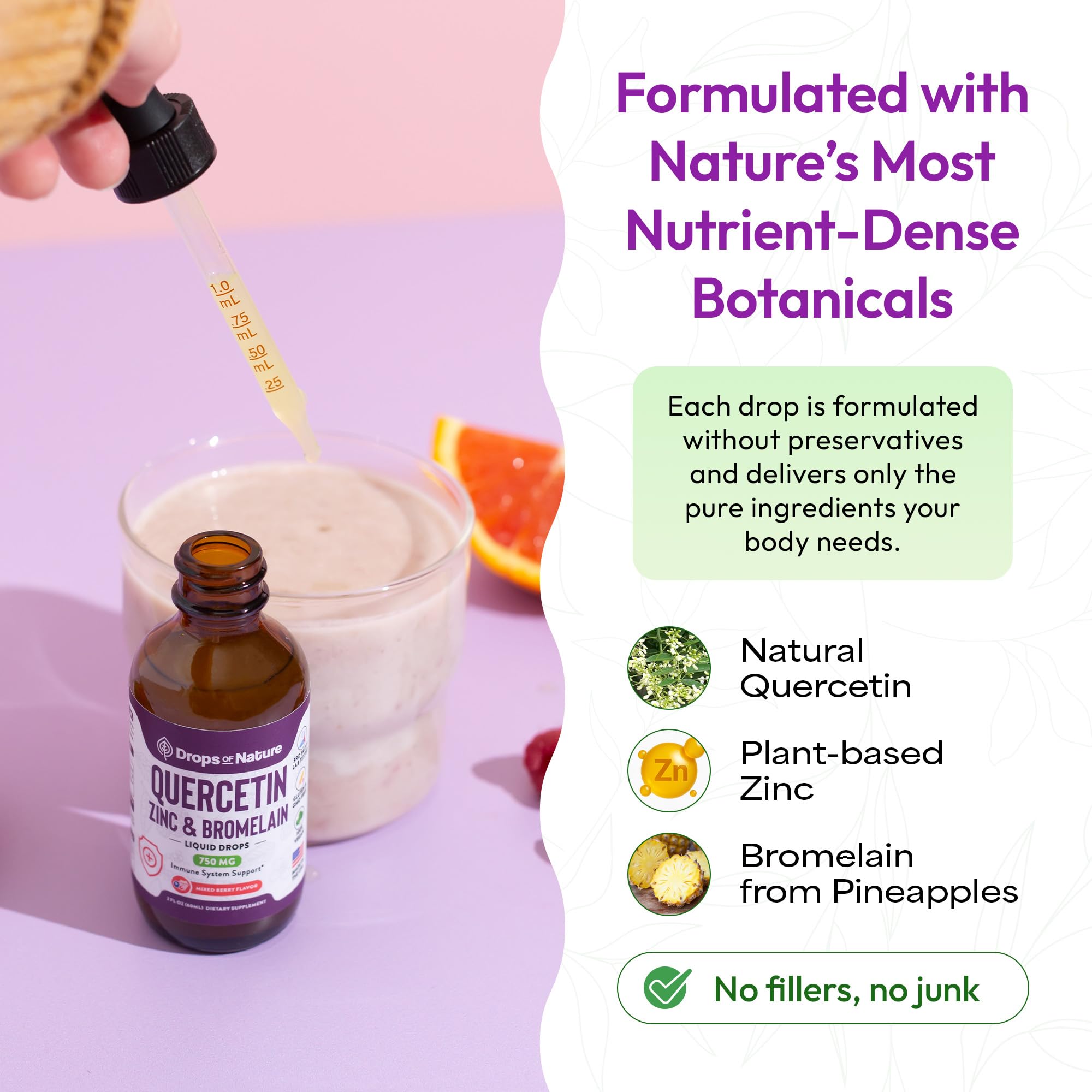 Quercetin with Bromelain & Zinc (5mg) Liquid Drops – Immune Support for Adults & Kids – Ultra-Concentrated Bioflavonoids – Immune Defense – Cellular Health – Vegan, Non-GMO, Gluten Free – 2 Fl Oz