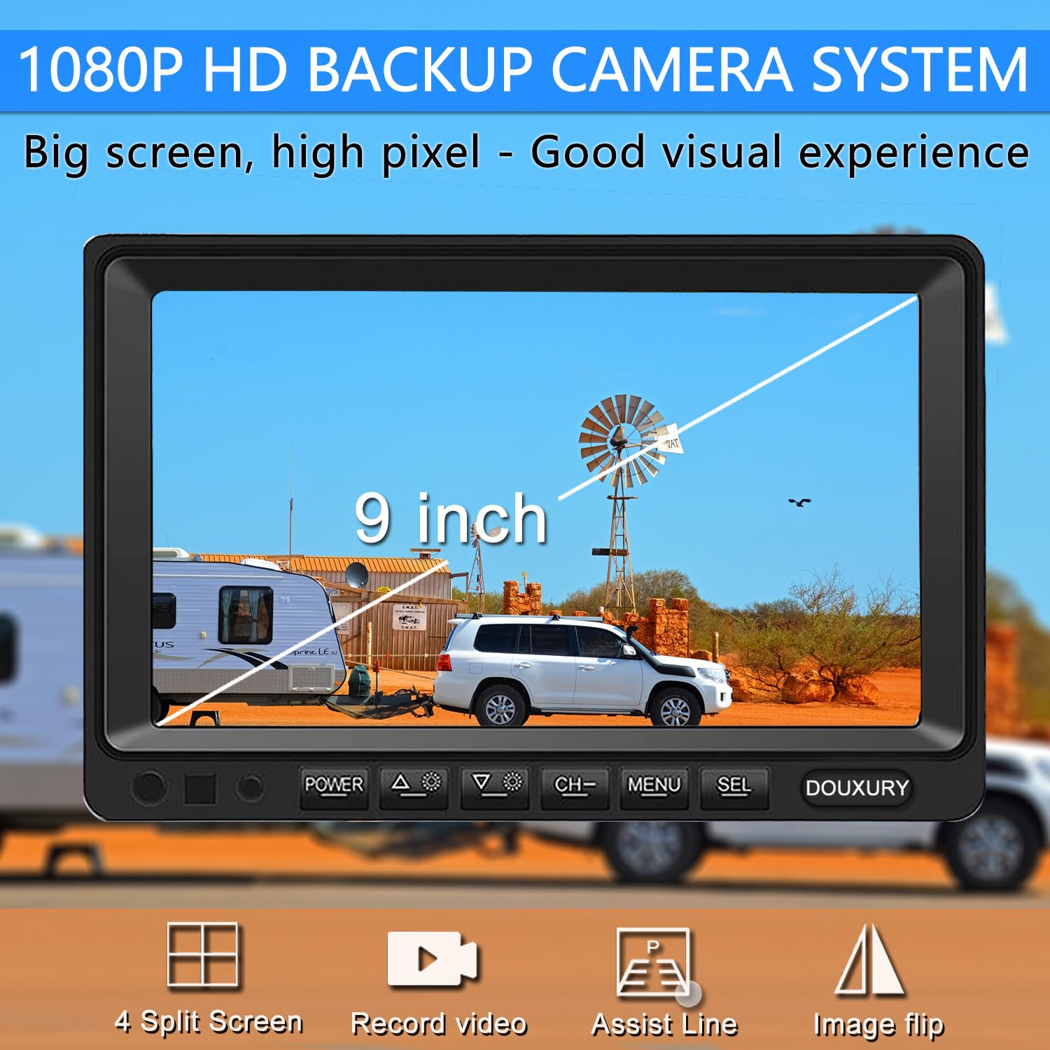 Backup Camera System with 9'' Quad Split 1080P Monitor for RV Trailer Semi Truck Camper Bus & 4 AHD Rear Side View Camera with DVR Record Function Night Vision IP69 Waterproof Avoid Blind Spot DOUXURY