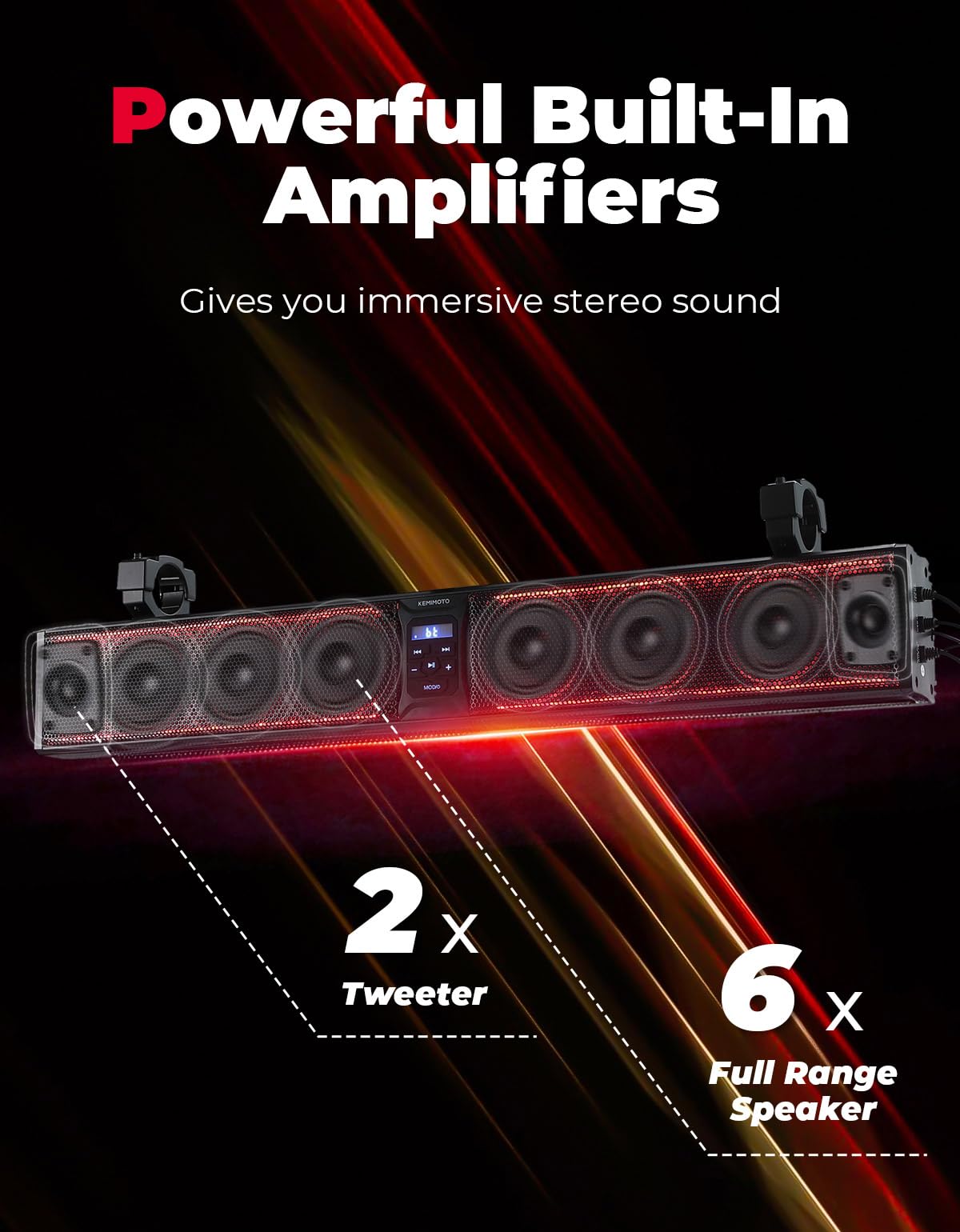 KEMIMOTO 33 inch 8 Speaker Louder UTV Sound Bar Waterproof Bluetooth, Heavy-Duty Aluminum, Music Sync Multicolor Light SXS Speakers, Soundbar for UTV Golf Cart Marine Boat with 1.75''-2.25'' Roll Bar