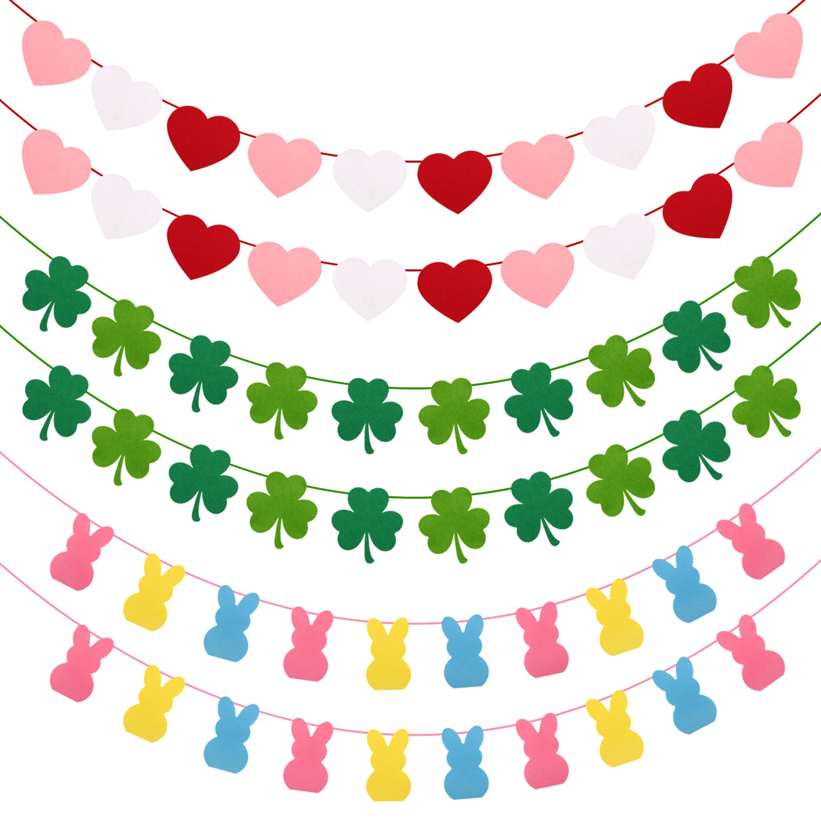 Valentines Day Decorations, 6pcs Felt Valentine Heart Garland, Versatile Hearts St. Patrick's Day Shamrock Easter Bunny Valentines Day Banner for Home, Mantel, Wall, Office, Valentines Day Decor