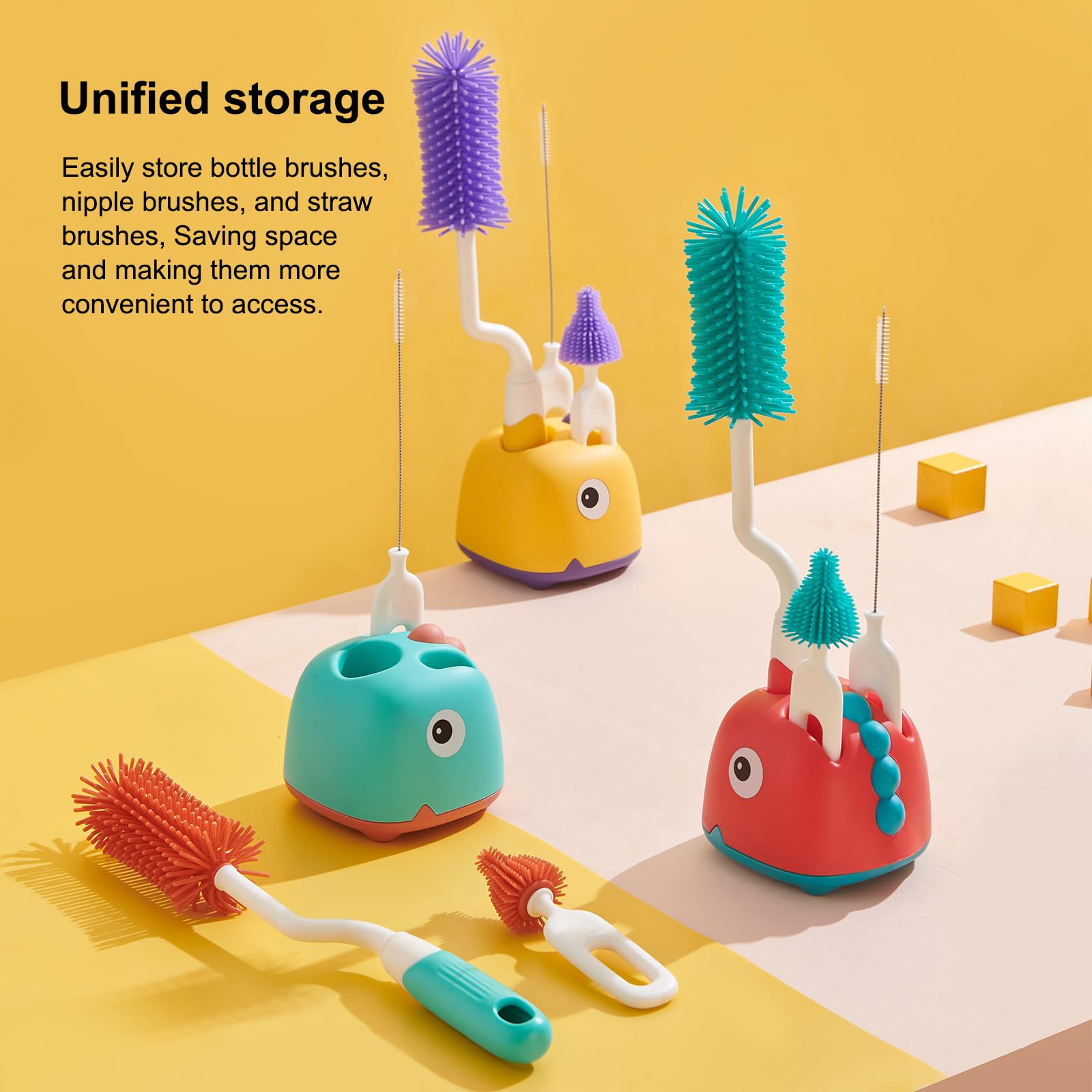 Rabbit Baba Silicone 4-in-1 Baby Bottle Brush Set,Nipple Brush, Bottle Brush, Straw Brush， Safe and Durable, Easy to Clean and Dry，4 Count，Cleaning Set，Uniform Storage Base，Draining Base (yellow Base)