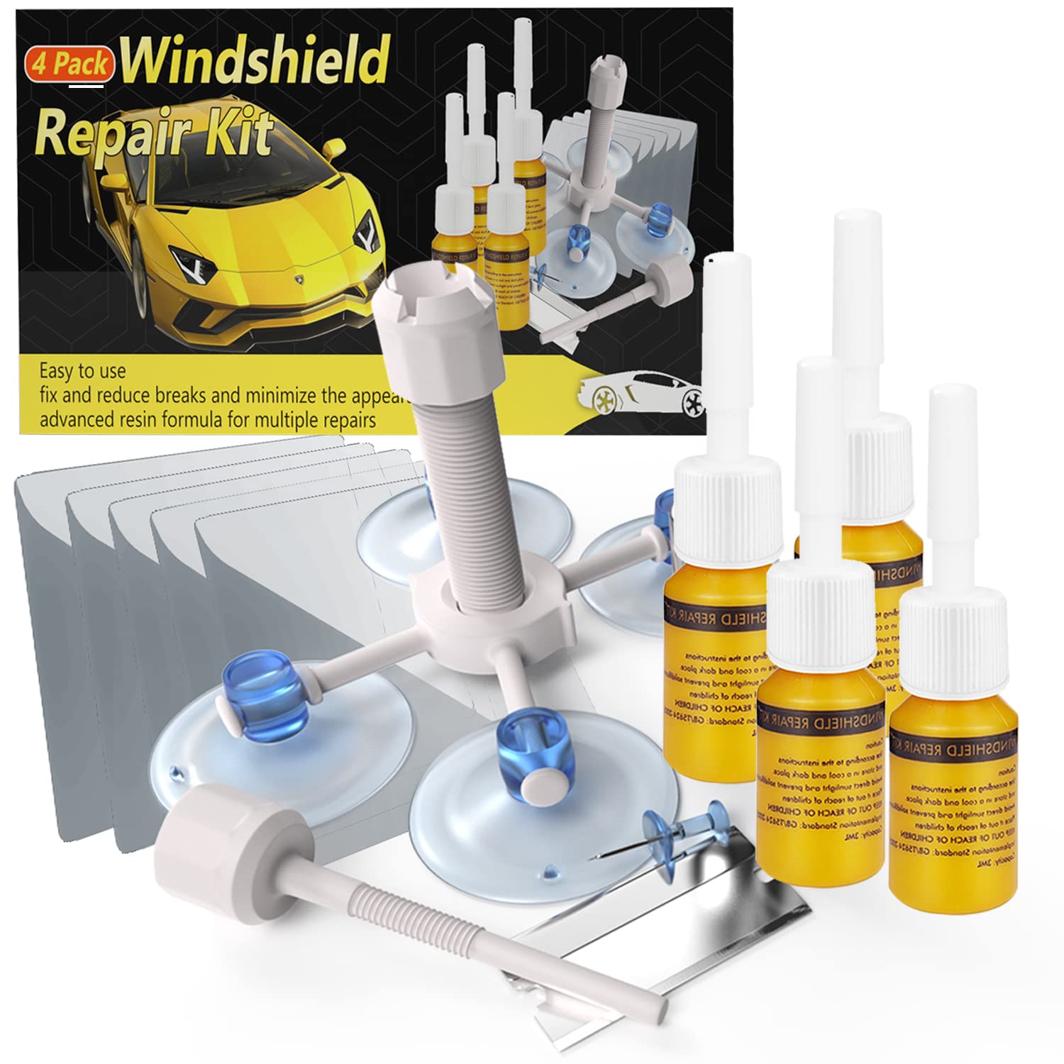 Windshield Repair Kit, Upgraded Windshield Crack Repair Kit 4 Pcs, Windshield Repair Kit for Chips and Cracks, Car Glass Repair Kit Quick Fix for Chips, Cracks, Star-Shaped, Bulls-Eye New Versions