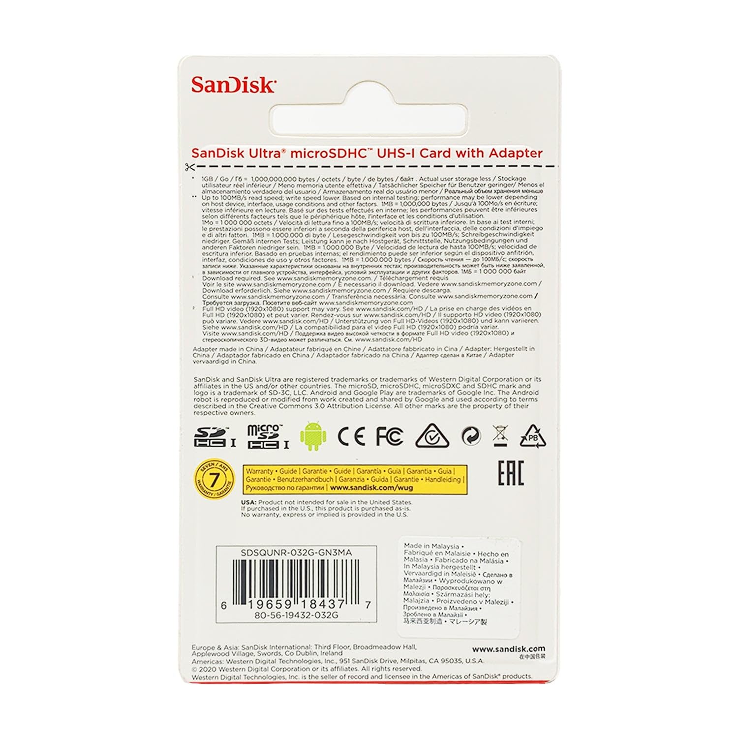 SanDisk Ultra 32GB UHS-I/Class 10 Micro SDHC Memory Card With Adapter - SDSDQUAN-032G-G4A
