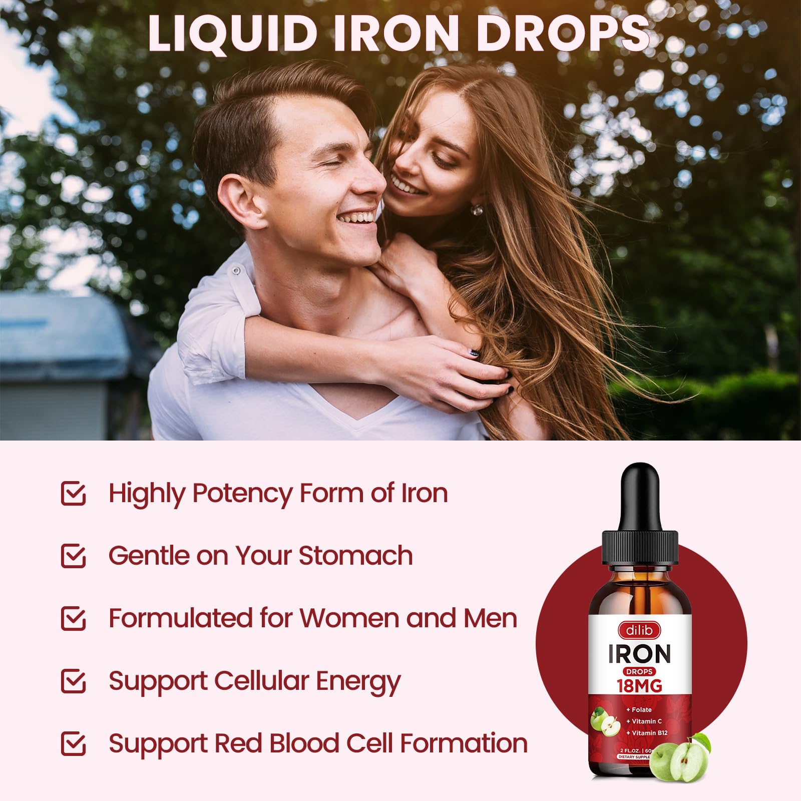 Liquid Iron Supplement for Women & Men Iron Drops Iron Supplements for Anemia with Folate, Vitamin C, B12 for Red Blood Cell Support-Green Apple Flavor, 2 Fl Oz
