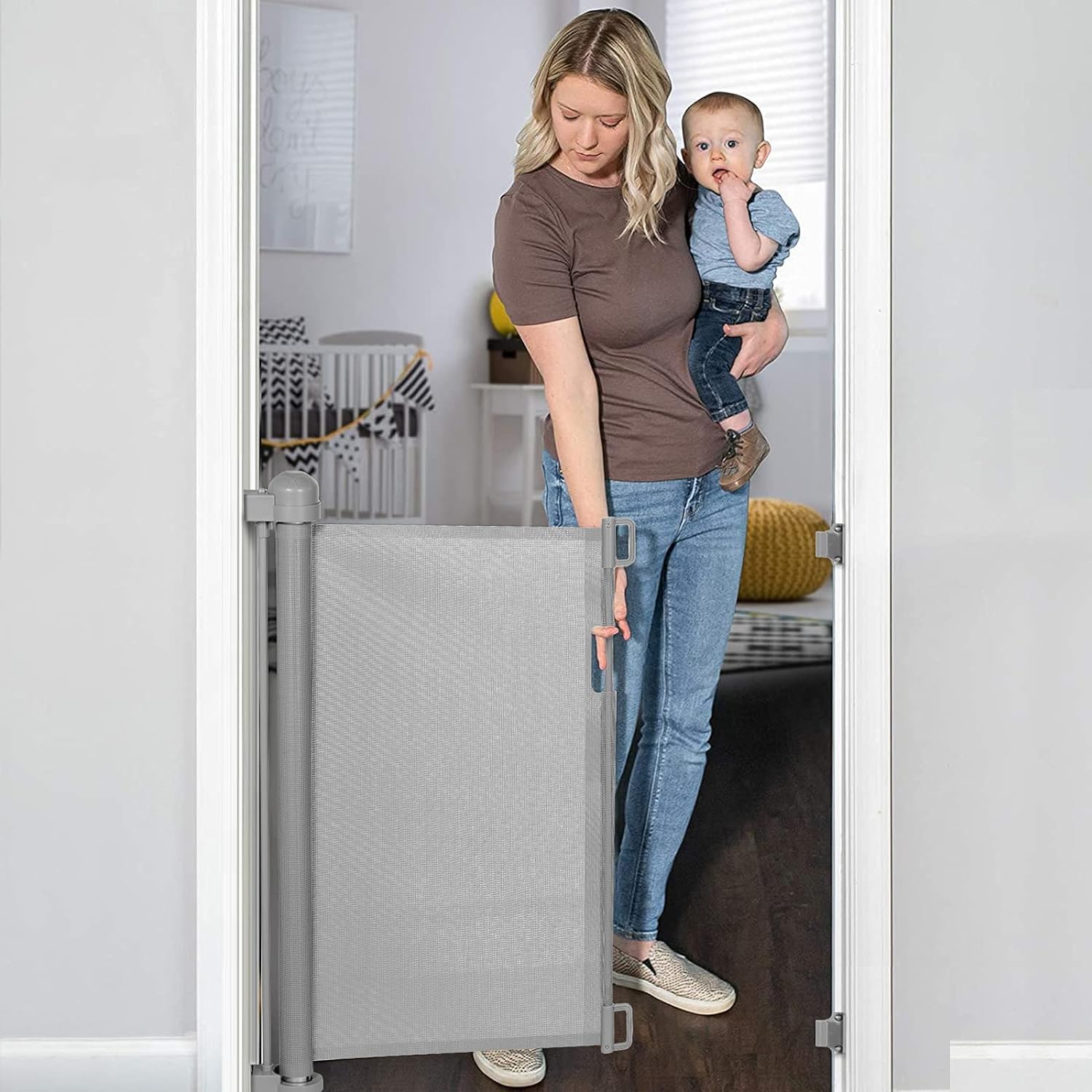 YOOFOR Retractable Baby Gate, Extra Wide Safety Kids or Pets Gate, 33” Tall, Extends to 55” Wide, Mesh Safety Dog Gate for Stairs, Indoor, Outdoor, Doorways, Hallways (Grey, 33"x55")