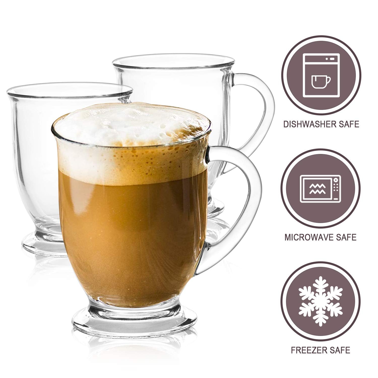 15oz/450ml Glass Coffee Mugs Clear Coffee Cups with Handles perfect for Latte, Cappuccino, Espresso Coffee, Tea and Hot Beverages, Set of 6