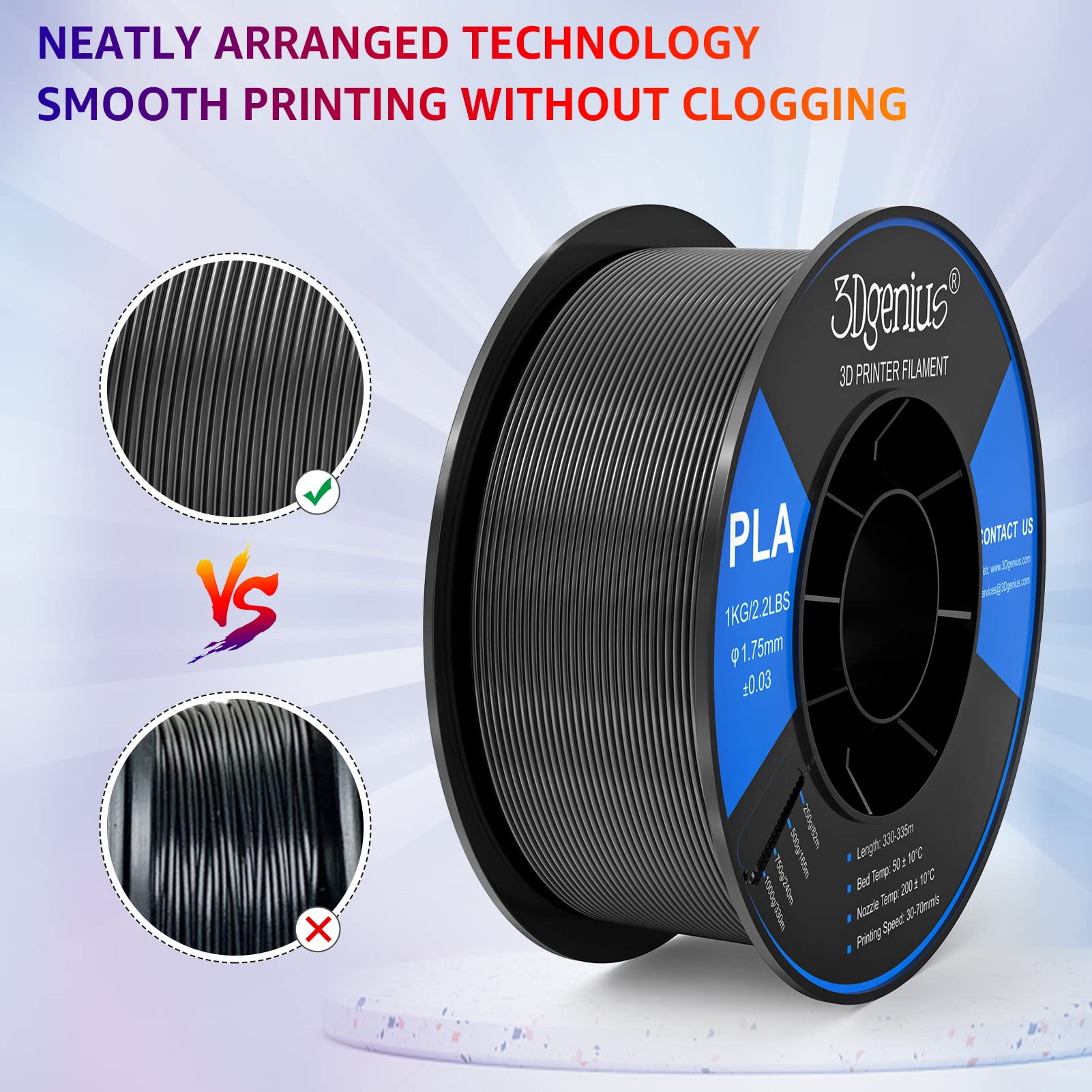 3Dgenius 1.75mm PLA Filament - 1kg/2.2lbs Spool, Black, +/- 0.03mm Accuracy, Fits Most FDM Printers