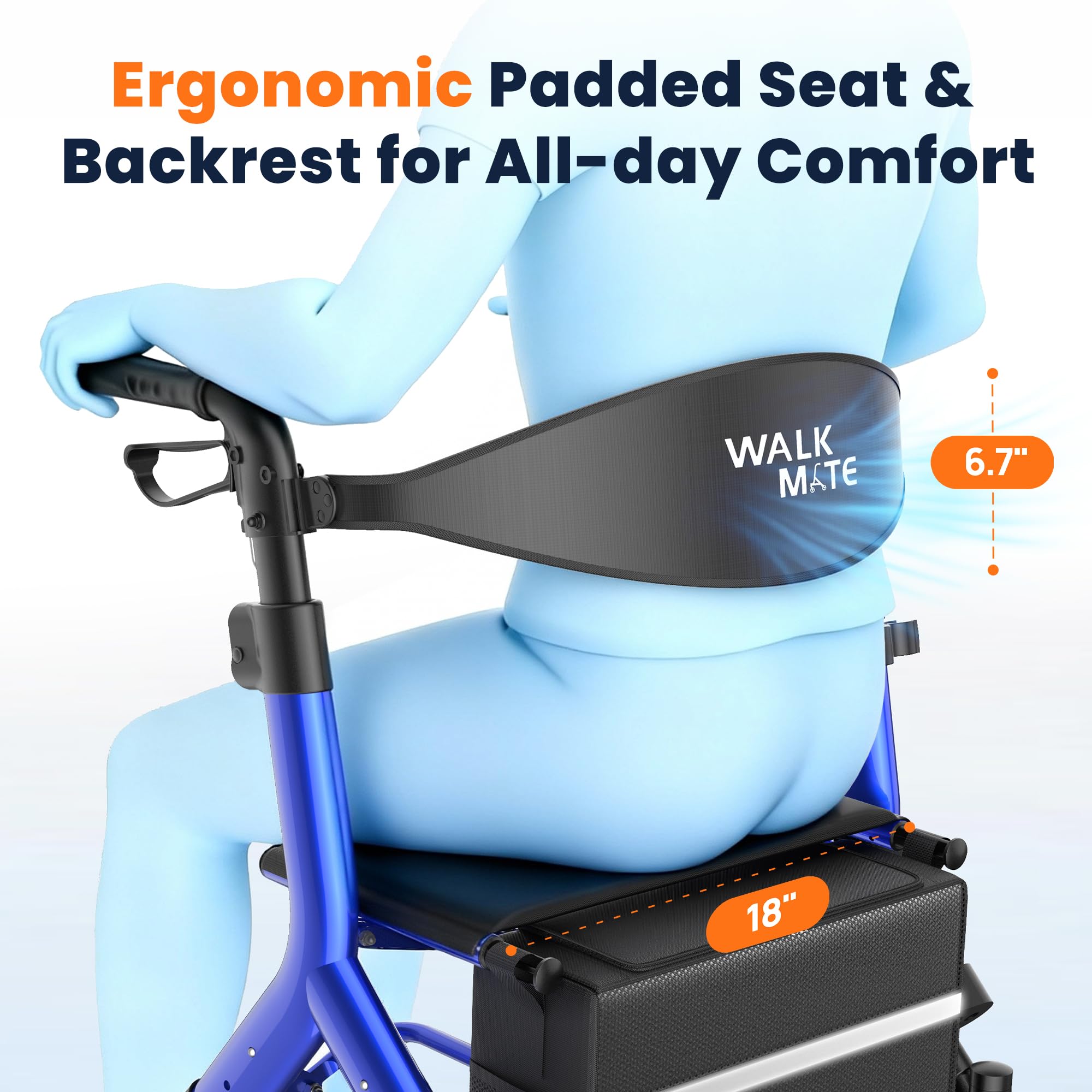 WALK MATE Rollator Walker for Seniors 5.3~7ft Tall, Height-Adjustable Seat, Built-in Cable, 10 Inch Wheels, 16.5 lb Lightweight & Compact Folding Design, 300 lb Capacity, Blue