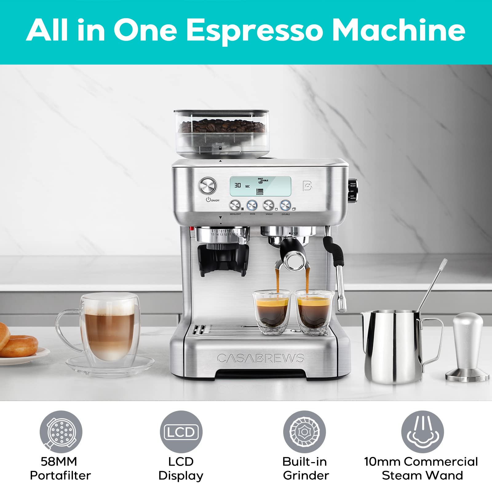 CASABREWS Espresso Machine with Grinder, Barista Espresso Maker with Milk Frother Steam Wand, Professional Cappuccino Latte Machine with LCD Display, Gifts for Dad, Mom and Coffee Enthusiast