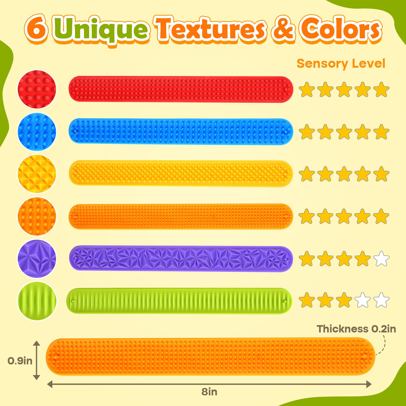 Sensory Fidget Toys for Kids: Textured Silicone Slap Bracelets 6 Pack, Stress Relief Fidgets for Autism ADHD, Wearable Sensory Toys for Adults Office Desk, Calm Down Travel Airplane Toys