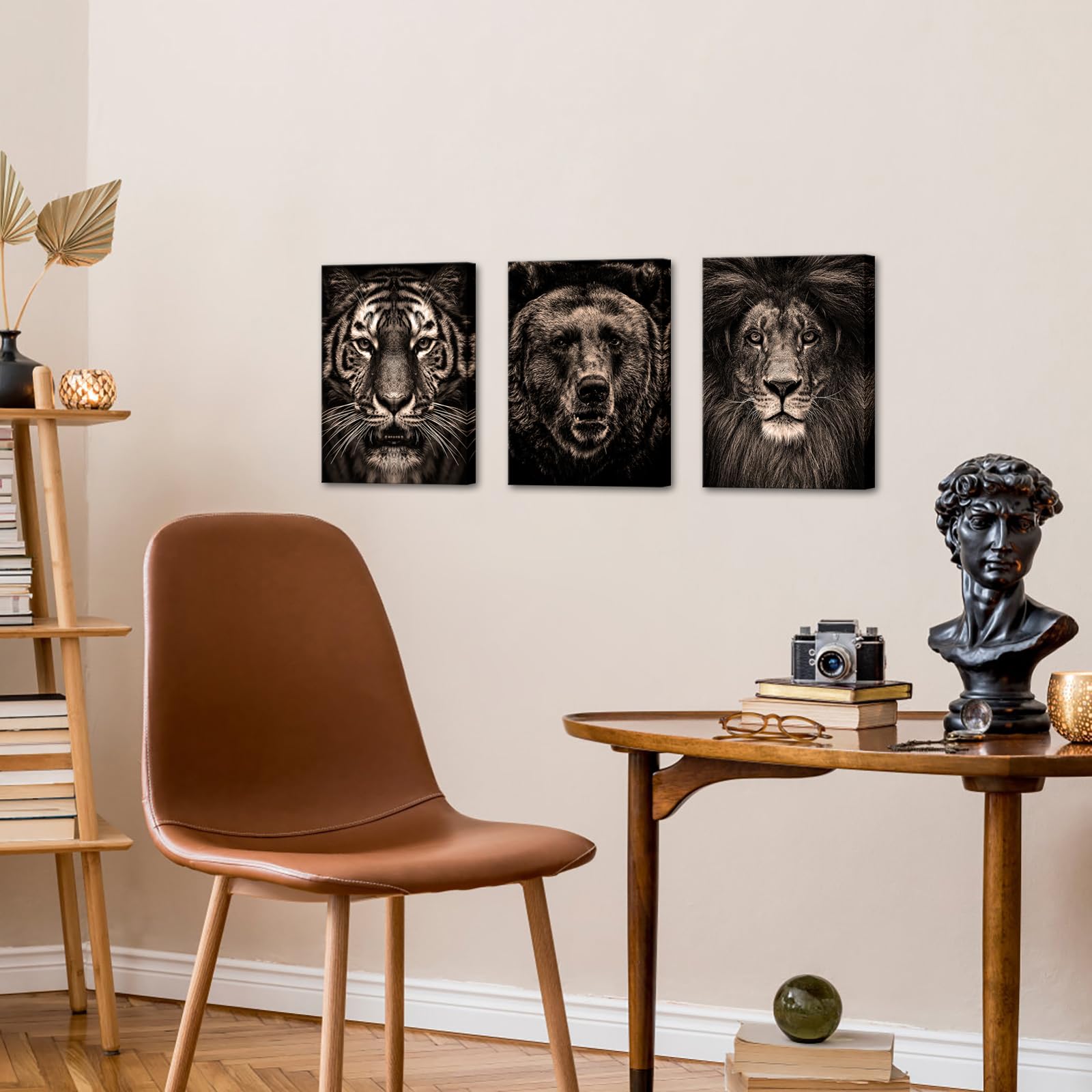 OuElegent Black and Beige Wildlife Canvas Wall Art Animal Tiger Bear Lion Portrait Picture Poster Artwork for Home Living Room Bedroom Office Wall Decoration 12"x16"x3pcs