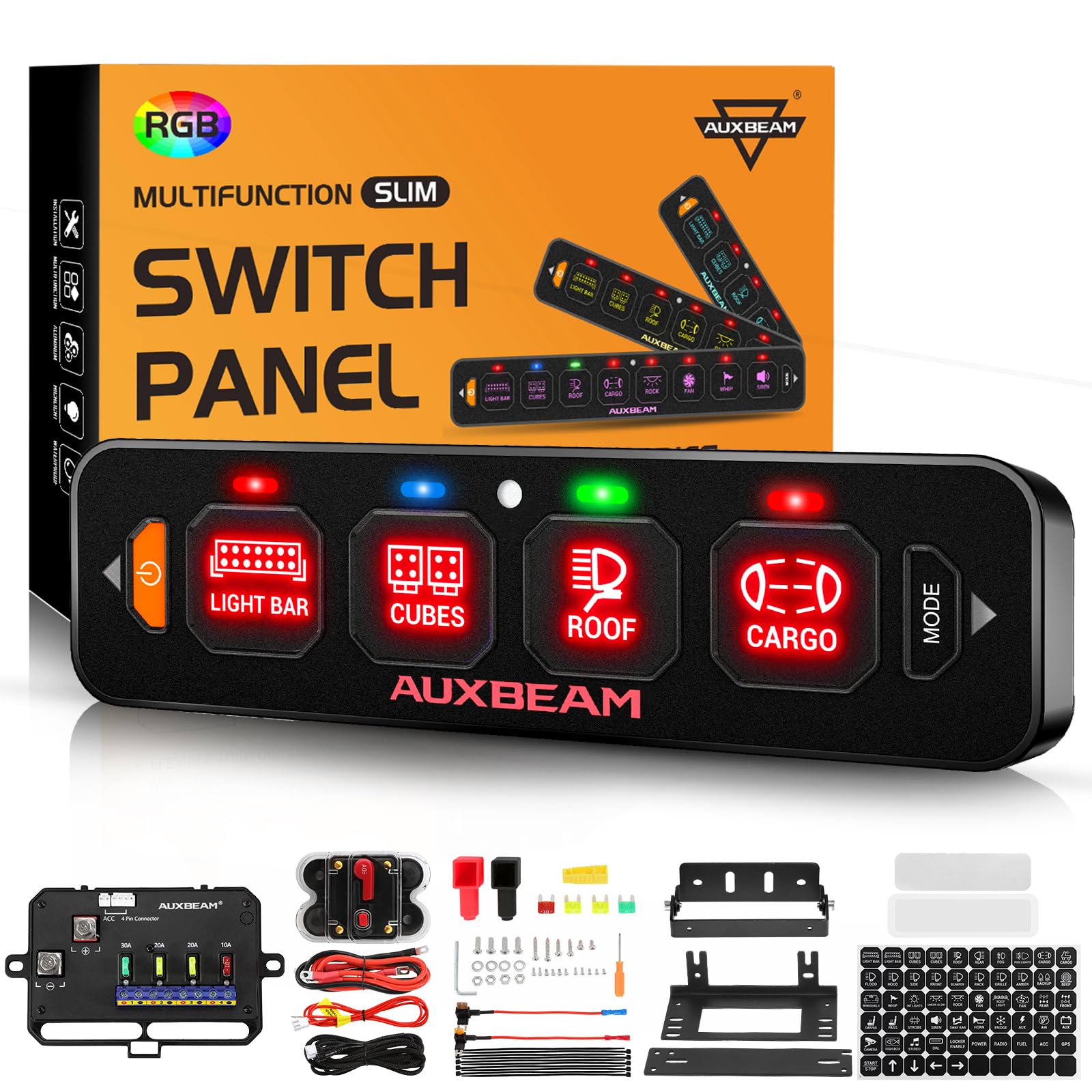 Auxbeam 4 Gang Slim Switch Panel RGB AS-R40 Automatic Dimmable Switch Panel with Toggle Momentary Pulsed Off Backlight Unique Patented Design Control Panel for Truck Offroad Boat, 2-Year Warranty