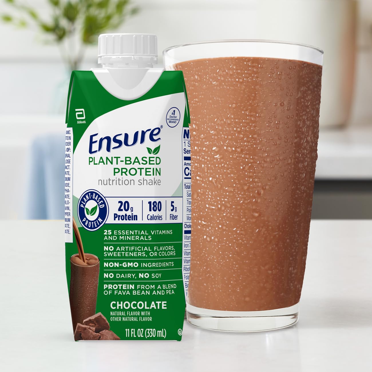 Ensure 100% Plant-Based Vegan Protein Nutrition Shakes with 20g Fava Bean and Pea Protein, Chocolate, 11 Fl Oz, 12 Count