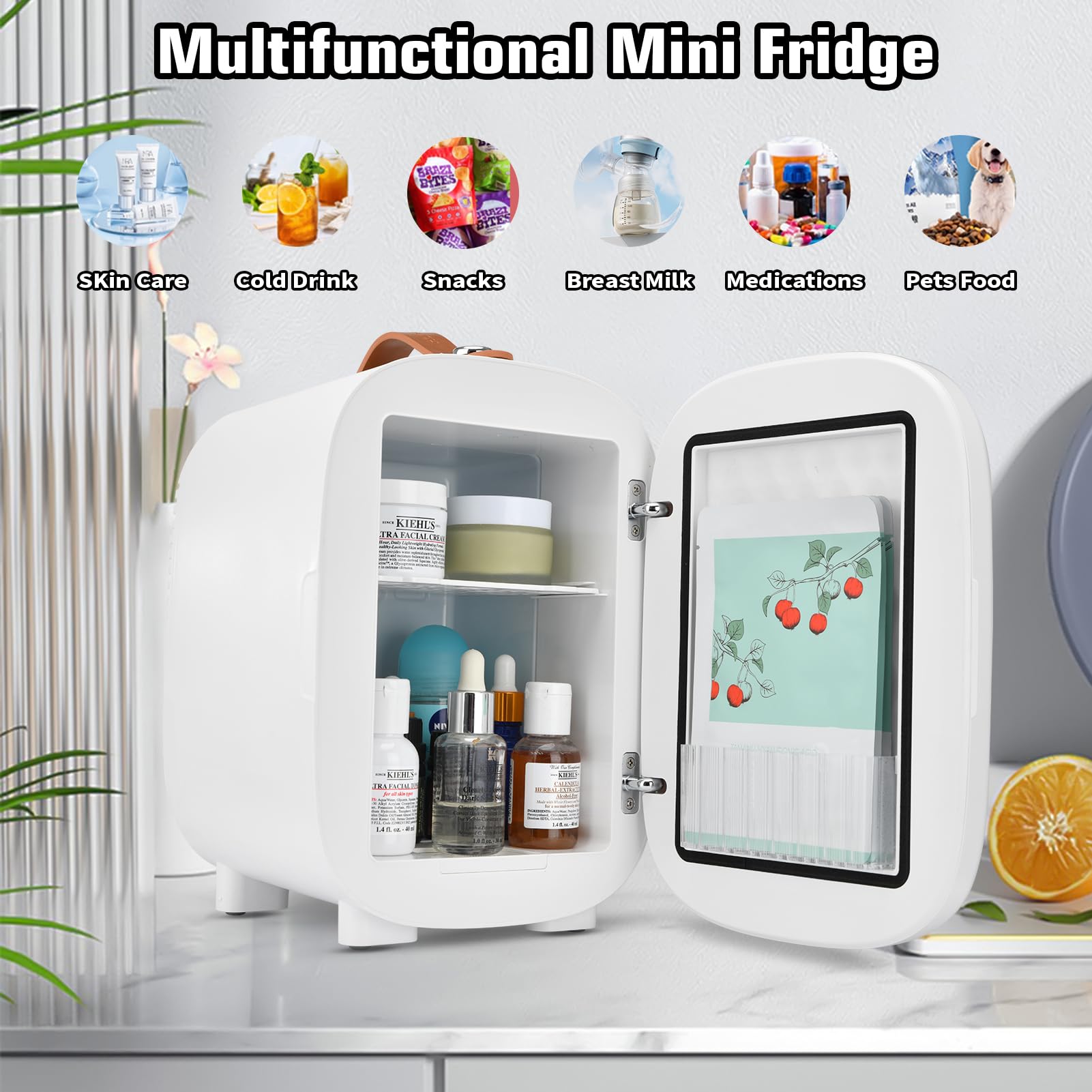 Hansburg Mini Fridge for Bedroom Skincare Cooler & Warmer Portable Small Refrigerator 4 Liter/6 can with 12v AC/DC/USB Option for Food, Drinks, Makeup, Dorm, Office and Car