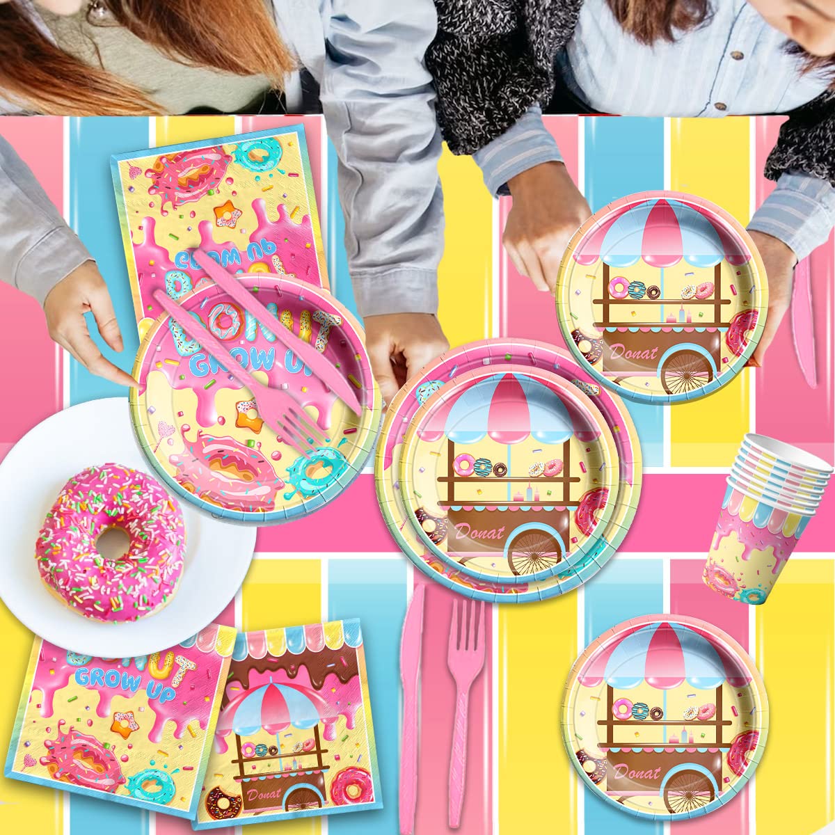 142Pcs Donut Tableware Set Party Supplies Donut Birthday Themed Party Decoration Donut Grow Up Parties Decoration Disposable Tablecloth,Plates,Cups,Napkins,Banner and Cutlery