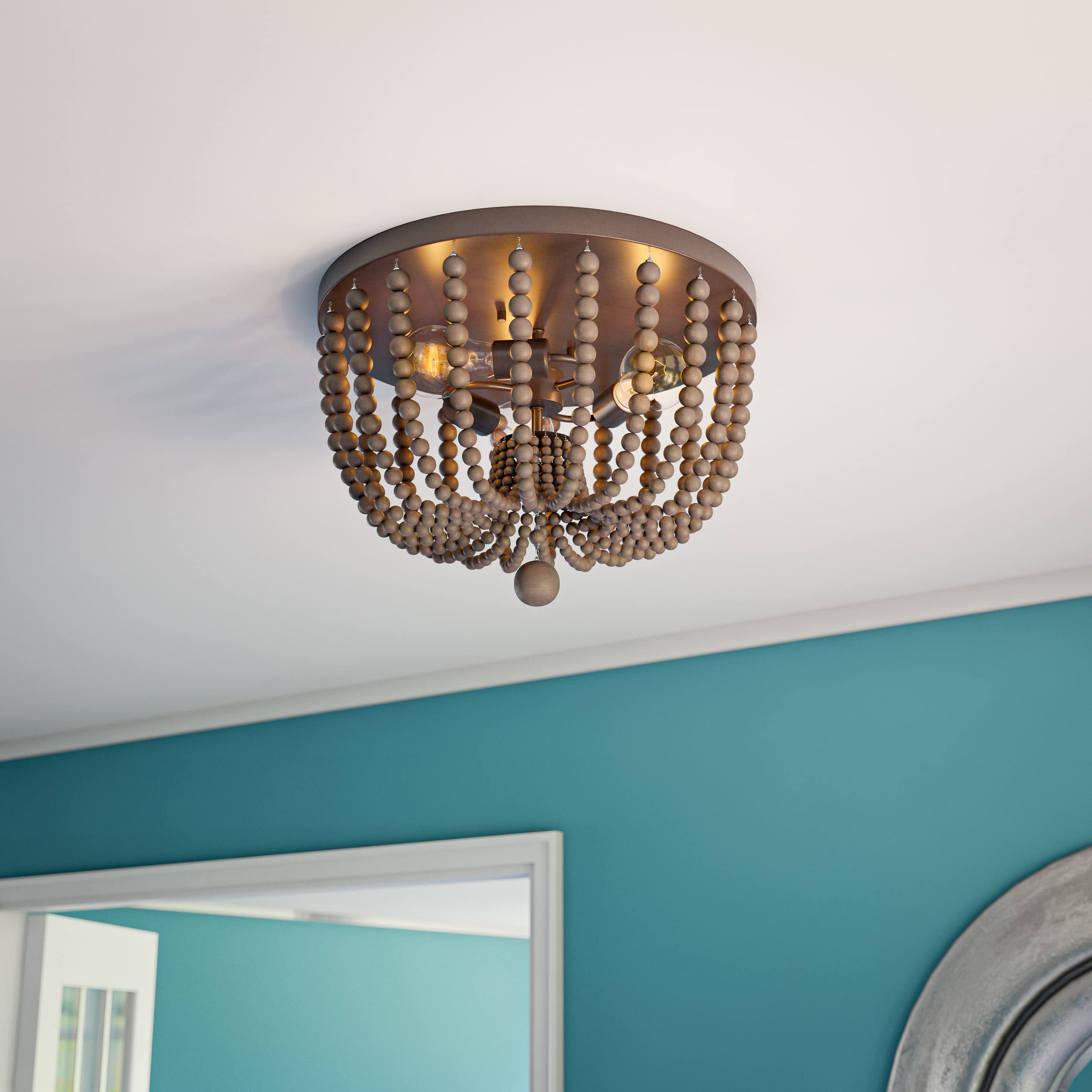 Kenroy Home Casual 3 Light Wood Bead Flush Mount,11 Inch Height, 16 Inch Diameter with Golden Bronze Finish with Gray Wood Beads