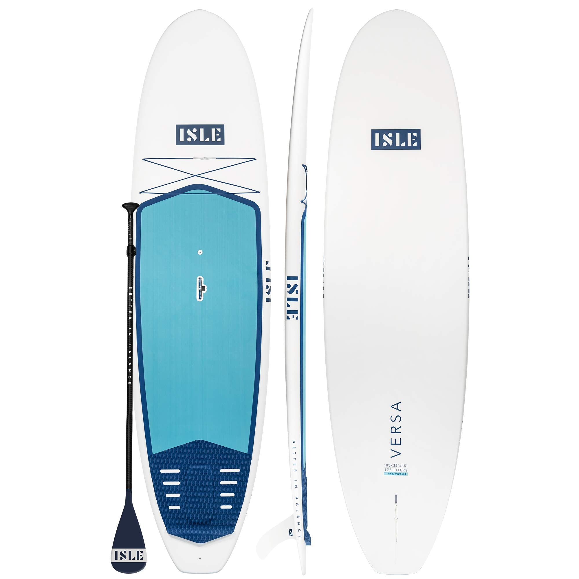 ISLE Versa Rigid Stand Up Paddle Board & SUP Bundle Accessory Pack — Hard Board Lightweight Epoxy SUP — 215 Pound Capacity, 10’5” Long x 32" Wide x 4.5” Thick, White/Blue