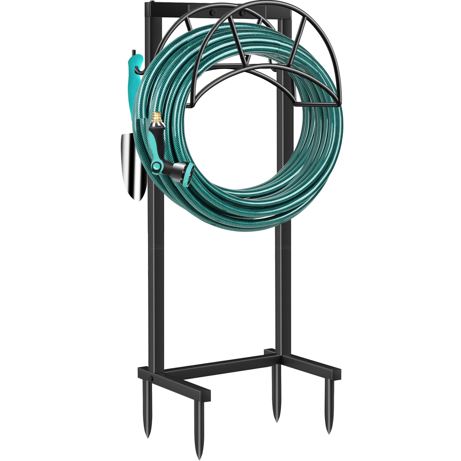 TomCare Garden Hose Holder Water Hose Holder 4 Spikes Garden Hose Reel Hose Stand Upgraded Hose Storage with Tool Hooks Garden Hose Hanger Hose Organizer Holds 150ft Hose for Outside Yard Lawn, Black