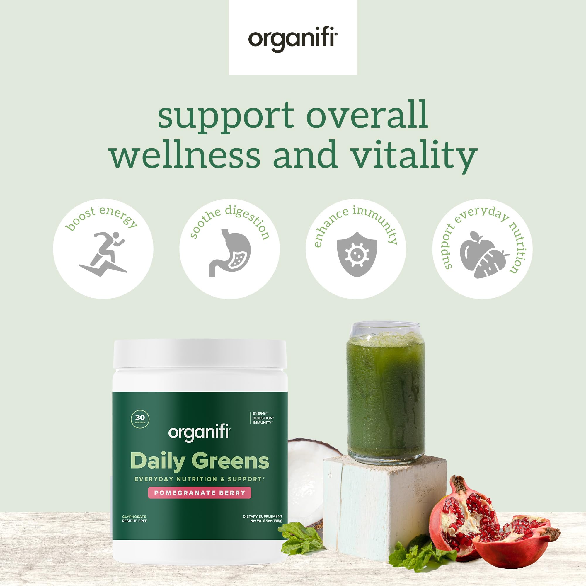 Organifi Daily Greens - Everyday Nutrition and Support - Greens Powder for Energy, Digestion, and Immunity, 30 Servings