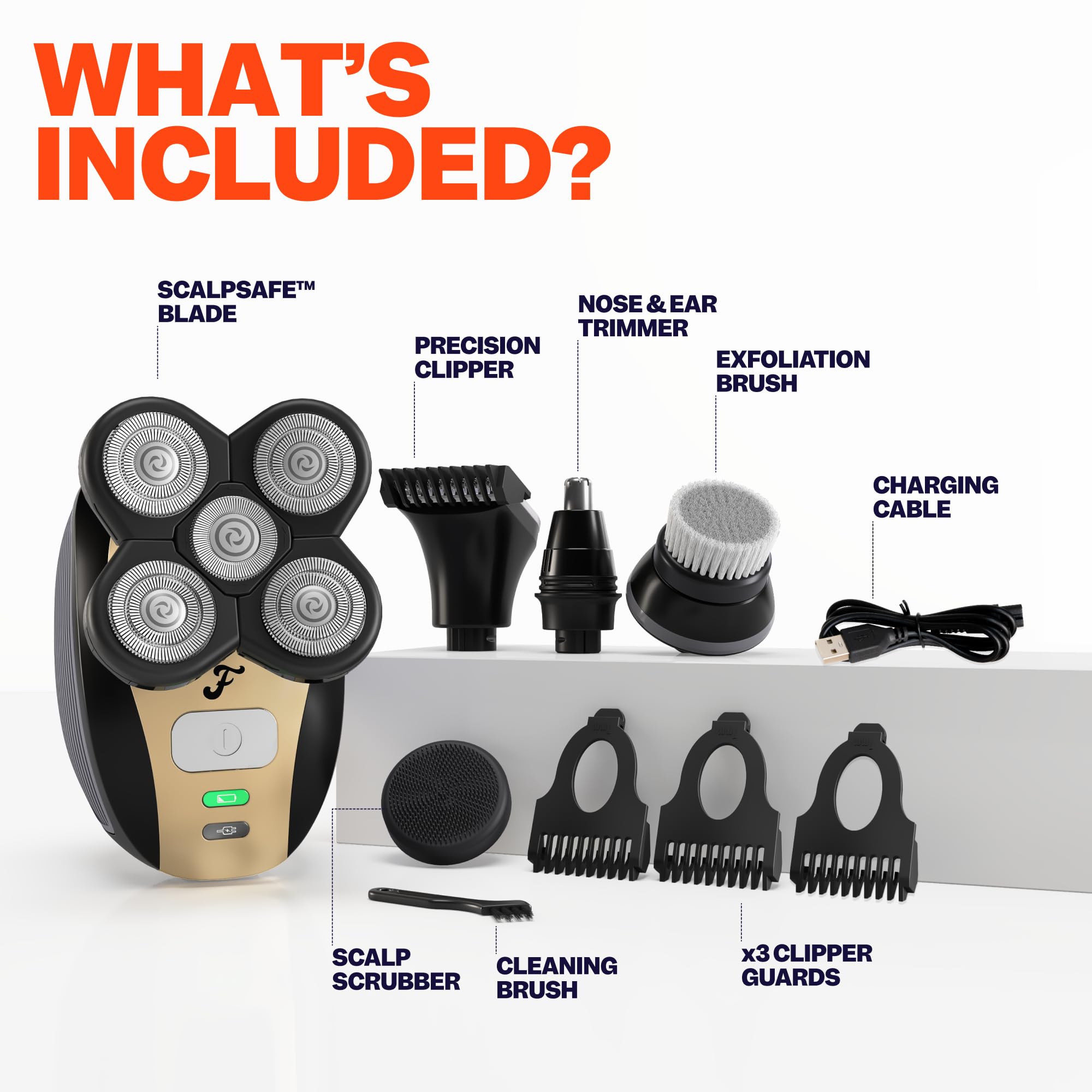 The FlexSeries Electric Head Hair Shaver - Freebird - Ultimate Mens Cordless Rechargeable Wet/Dry Skull & Bald Head Waterproof Razor with Rotary Blades, Clippers, Nose Trimmer, Brush, Massager