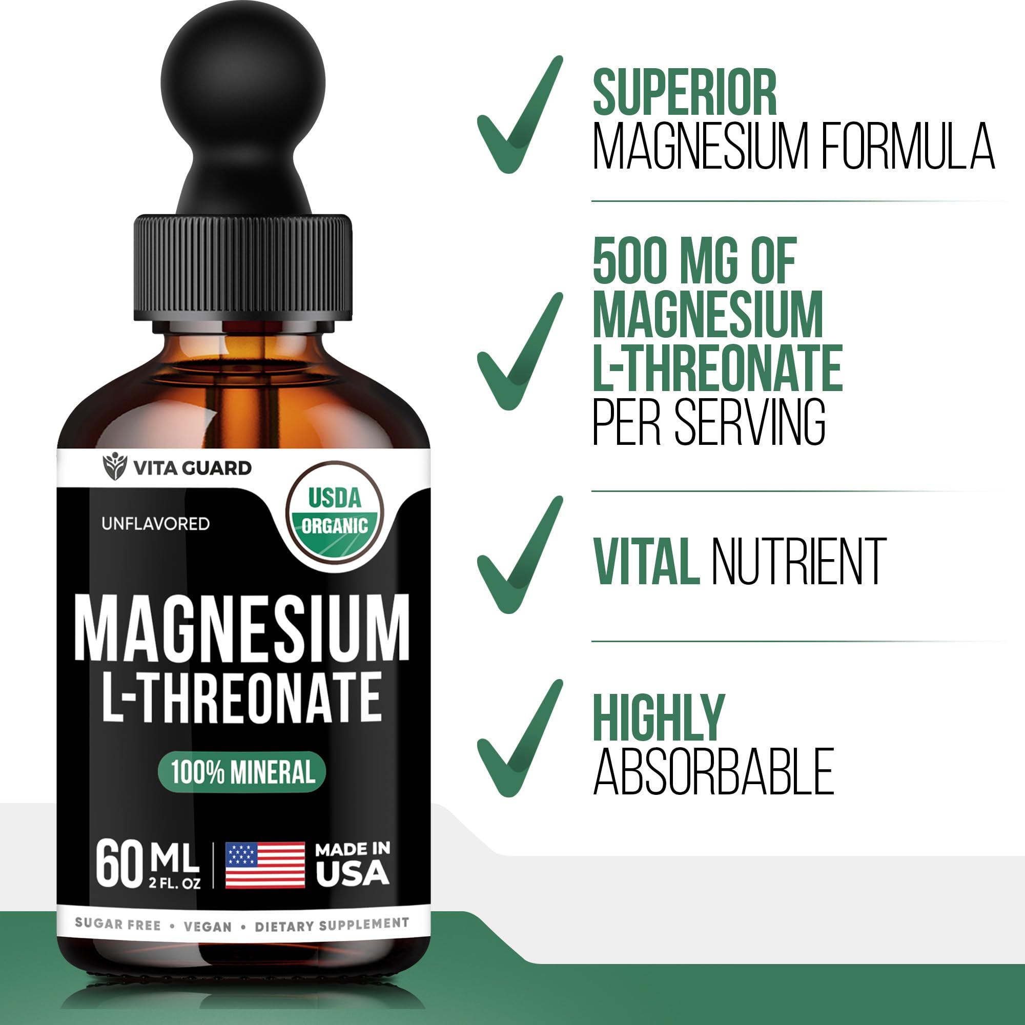 Vita Guard Magnesium L-Threonate Liquid Drops - 500mg Vegan Formula for Brain Health & Stress Relief, Unflavored, 60ML 2 fl oz | Gluten-Free, Non-GMO