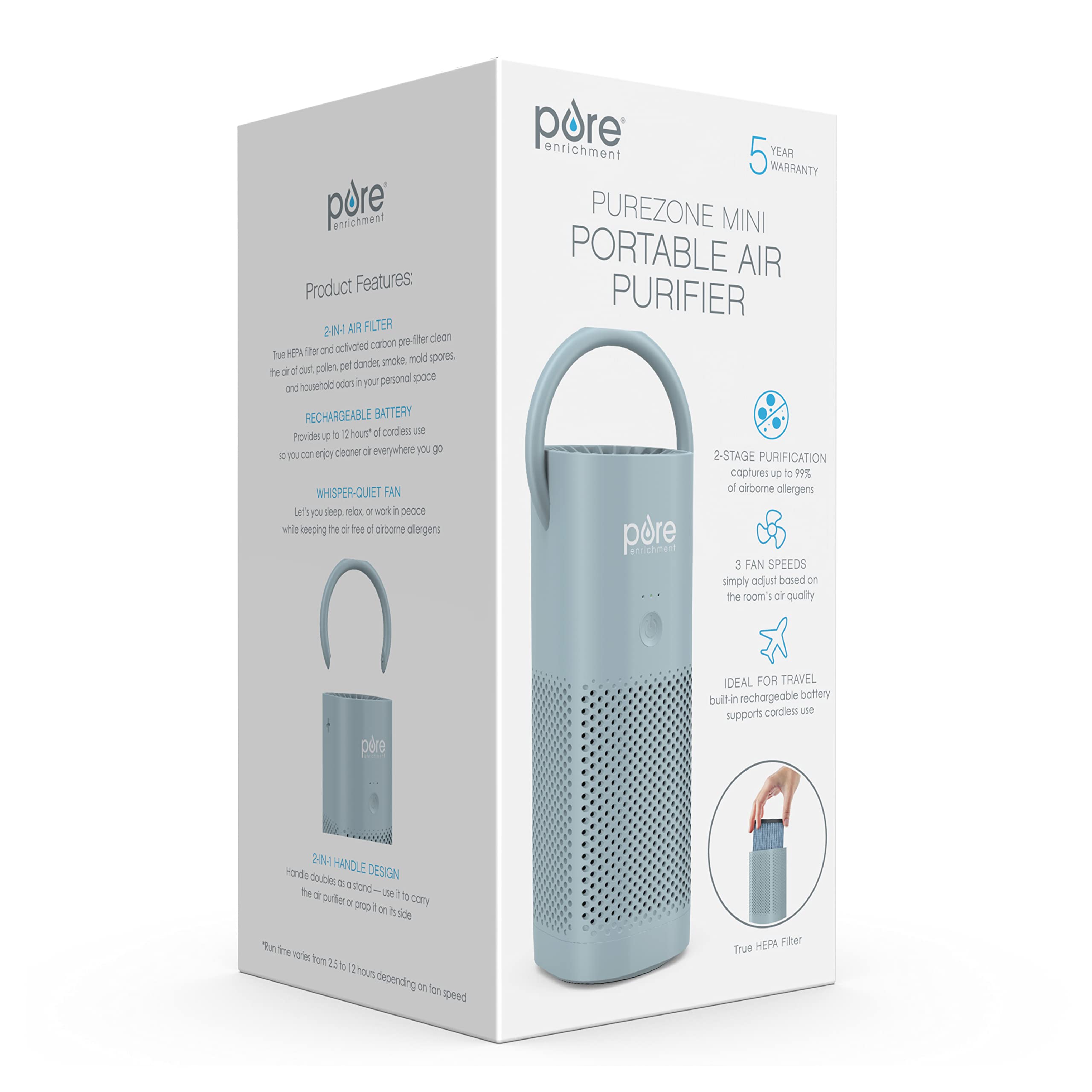 Pure Enrichment® PureZone™ Mini Portable Air Purifier - Cordless True HEPA Filter Cleans Air & Eliminates 99.97% of Dust, Odors, & Allergens Close to You - Cars, School, & Office (Starlight Blue)
