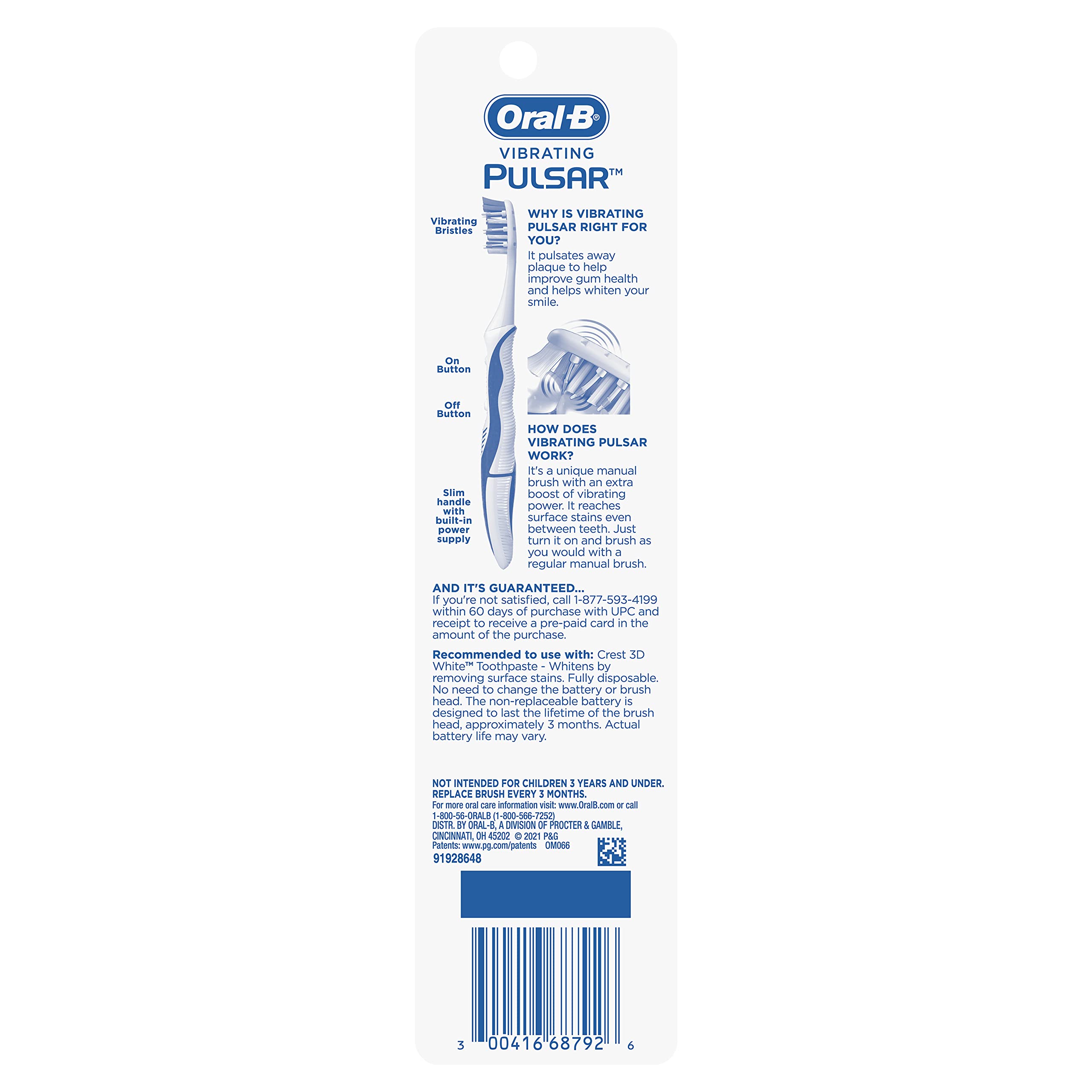 Oral-B Pulsar 3D White Pulsar Battery Toothbrush, Soft, 2 Count (Colors May Vary)