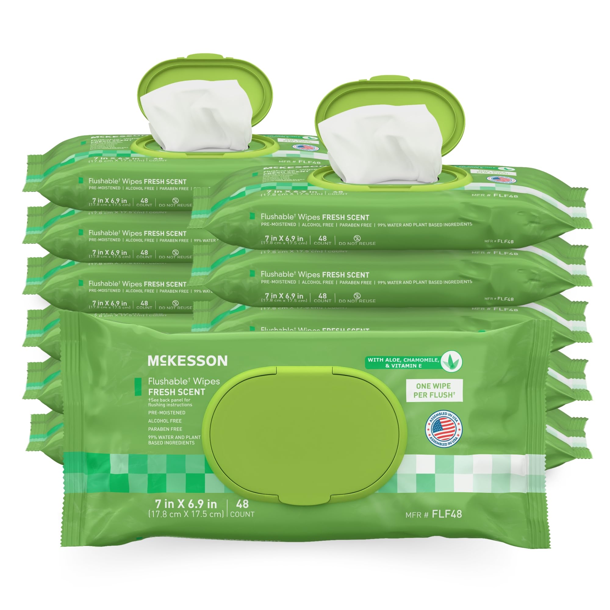 McKesson Flushable* Adult Wet Wipes – 576 Wipes (12 Pack of 48) – Aloe & Vitamin E, Plant-Based Cleansing Wipes, Scented