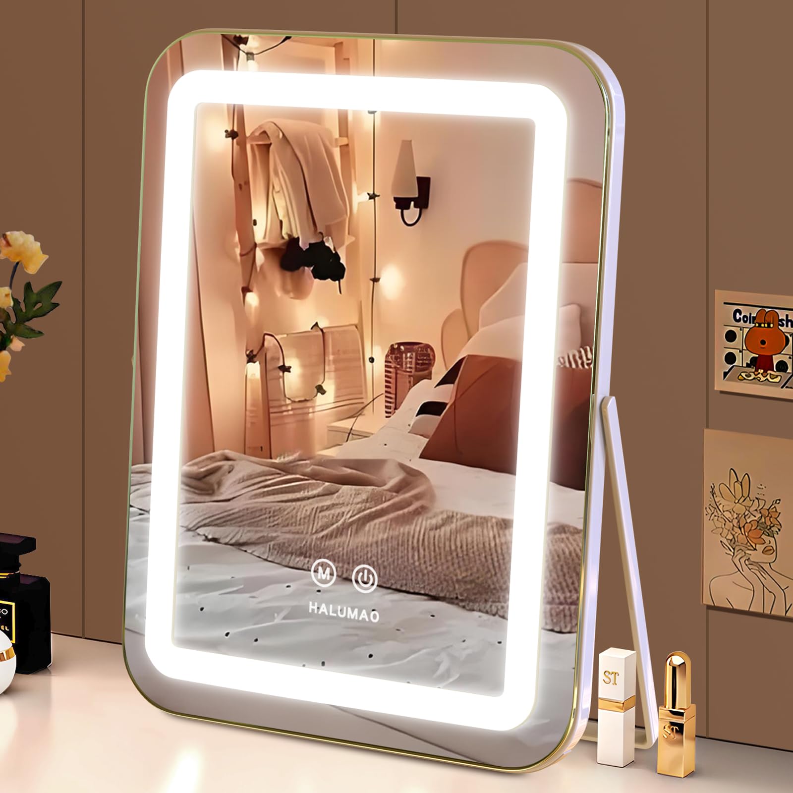 halumao Vanity Mirror with Lights, 13.8" x 10.6" Light Up Makeup Mirror, LED Makeup Mirror with Lights for Bedroom Tabletop, Smart Touch Control 3 Colors Dimmable, 360° Rotation