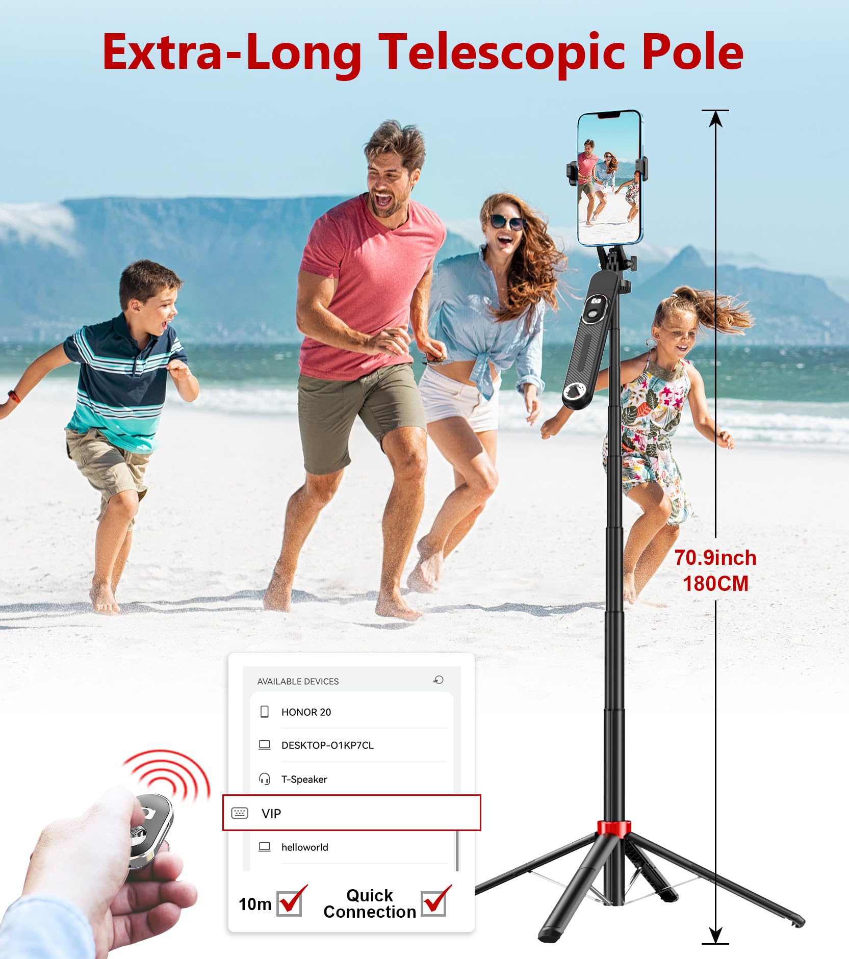 Huryfox Selfie Stick Phone Tripod - 71 inch Tall Cell Phone Holder with Detachable Wireless Remote, Phone Stand for Recording, Video and Picture, Compatible with iPhone, Android Phone, Camera & Gopro