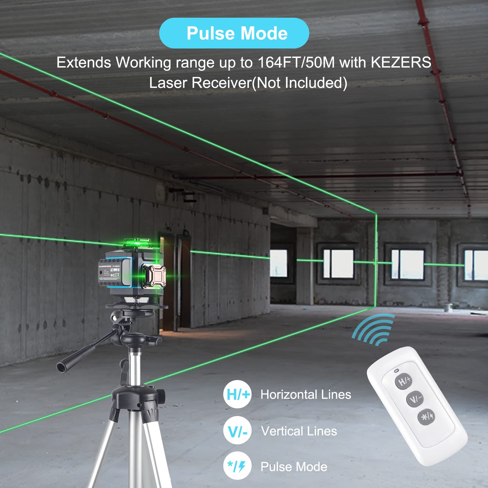 KEZERS Laser Level 360 Self Leveling,4 x 360 Laser Level with Screen Green Laser Level Line tool Leveling and Alignment Laser Tool with Pulse Mode for Construction and Picture Hanging,Remote Control