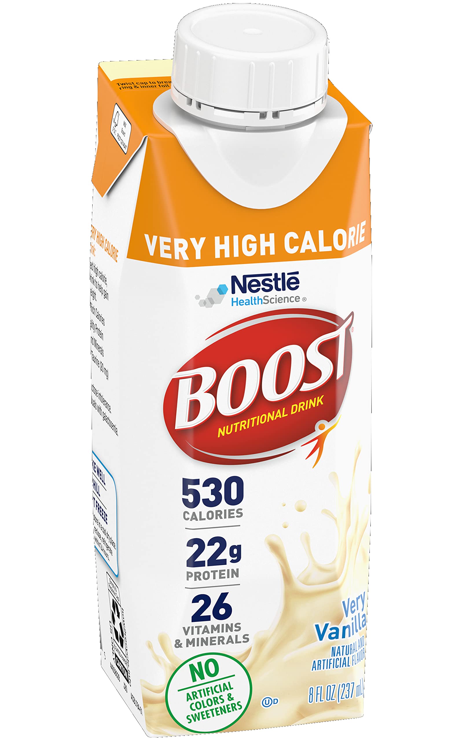 Boost Very High Calorie Nutritional Drink Very Vanilla, Made with Natural Vanilla Flavor & No Artificial Flavors, Colors & Sweeteners, 8 FL OZ (Pack of 12)