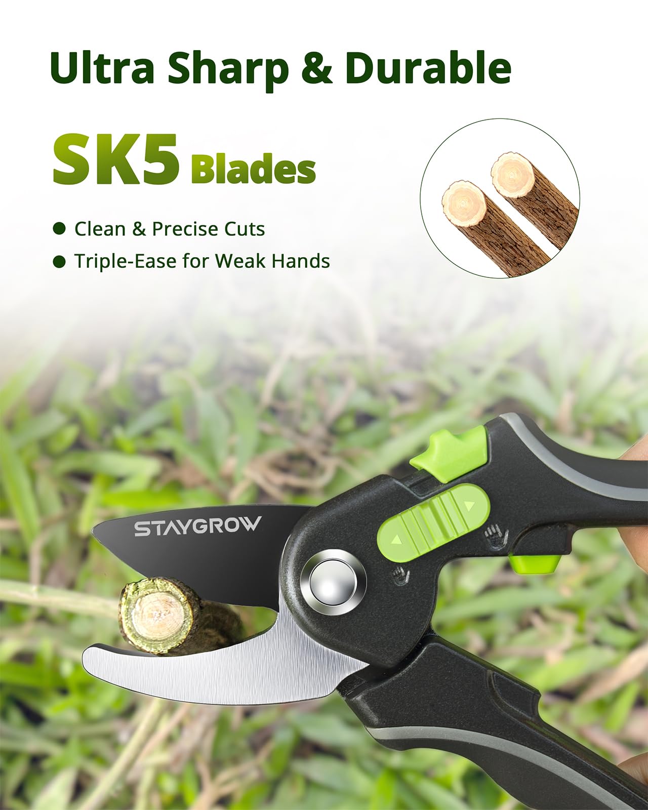 Pruning Shears for Gardening - 8.5" SK5 Garden Shears Cuts 10000+ Times Staying Sharp - Garden Scissors with One-handed Unlocking & Adjustable Handle- Garden Clippers Gardening Gifts for Men Women