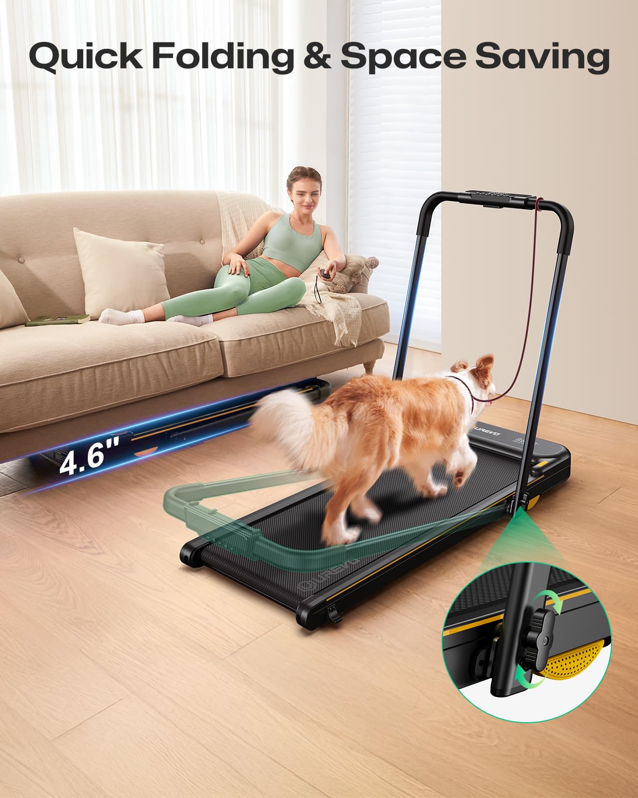 UREVO Strol 2E Smart 2-in-1 Folding Treadmill, Compact Walking Pad with Safety Handle, Plug and Play, Dual LED Display, Workout APP, Walking or Running for Home Office, Remote Included, Flaxen