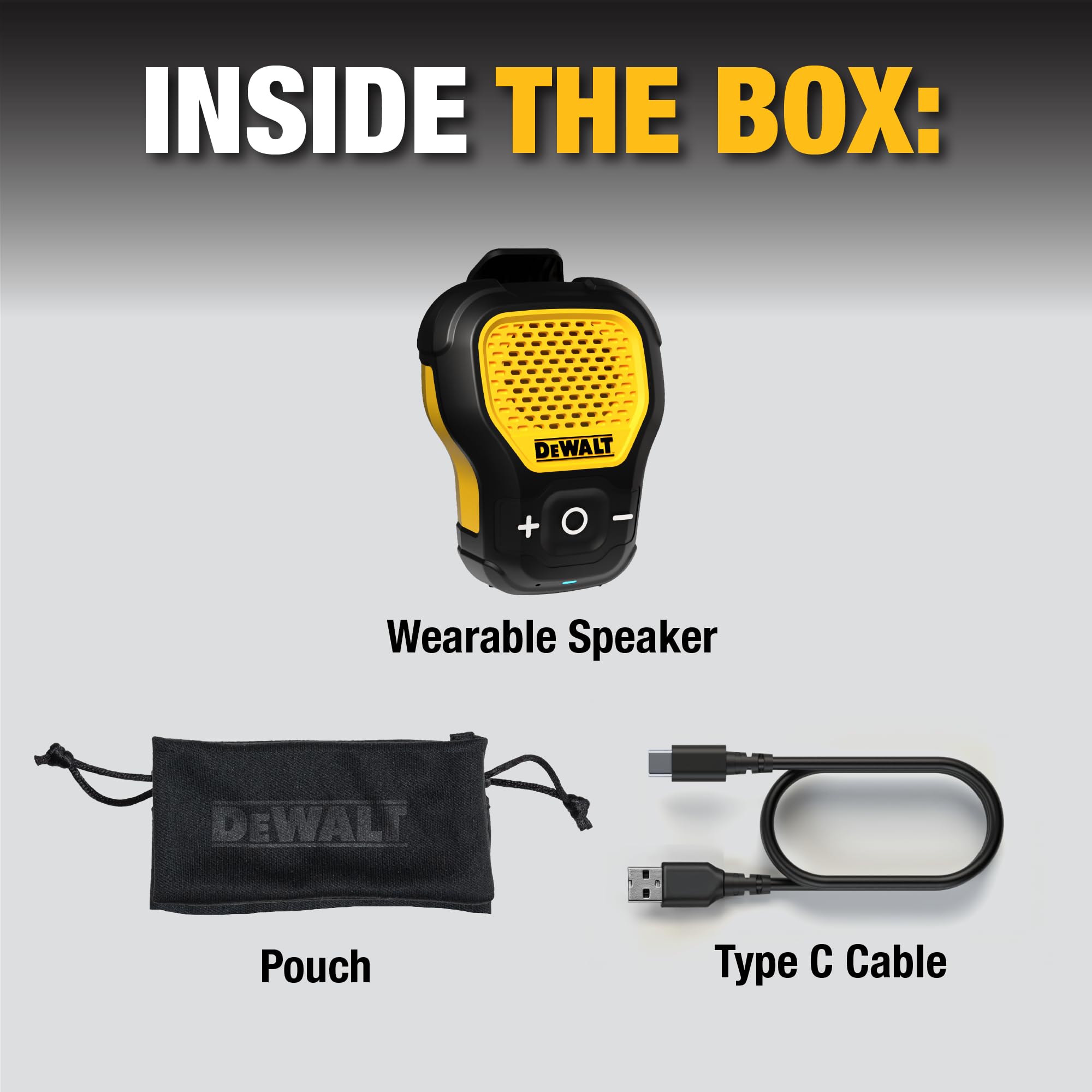 DEWALT Wearable Bluetooth Speaker (Updated Version), Clip-On Wireless Jobsite Pro Water-Resistant Portable Speaker (Non-Magnetic), Built-in Mic for Hands-Free Music/Calls, Bluetooth Speaker (Yellow)