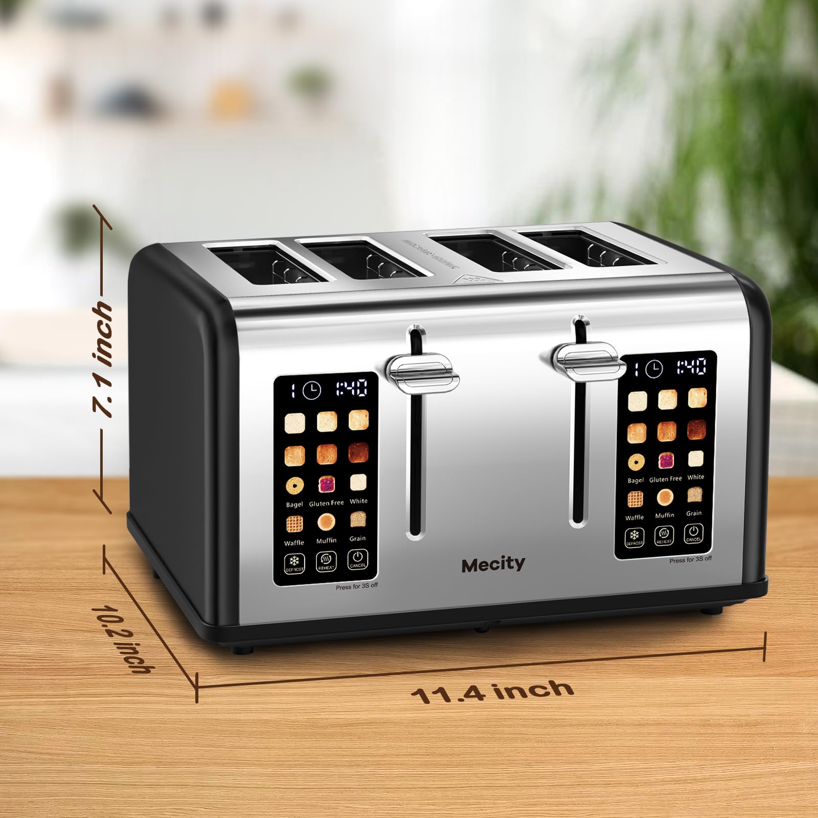 Mecity 4 Slice Toaster Touch Screen Control 4 Wide Slot, Stainless Steel Smart Bread Toaster for Bagel Muffin Waffle, Dual Control Pannel, Timer, Defrost, Reheat, 120V 1650W