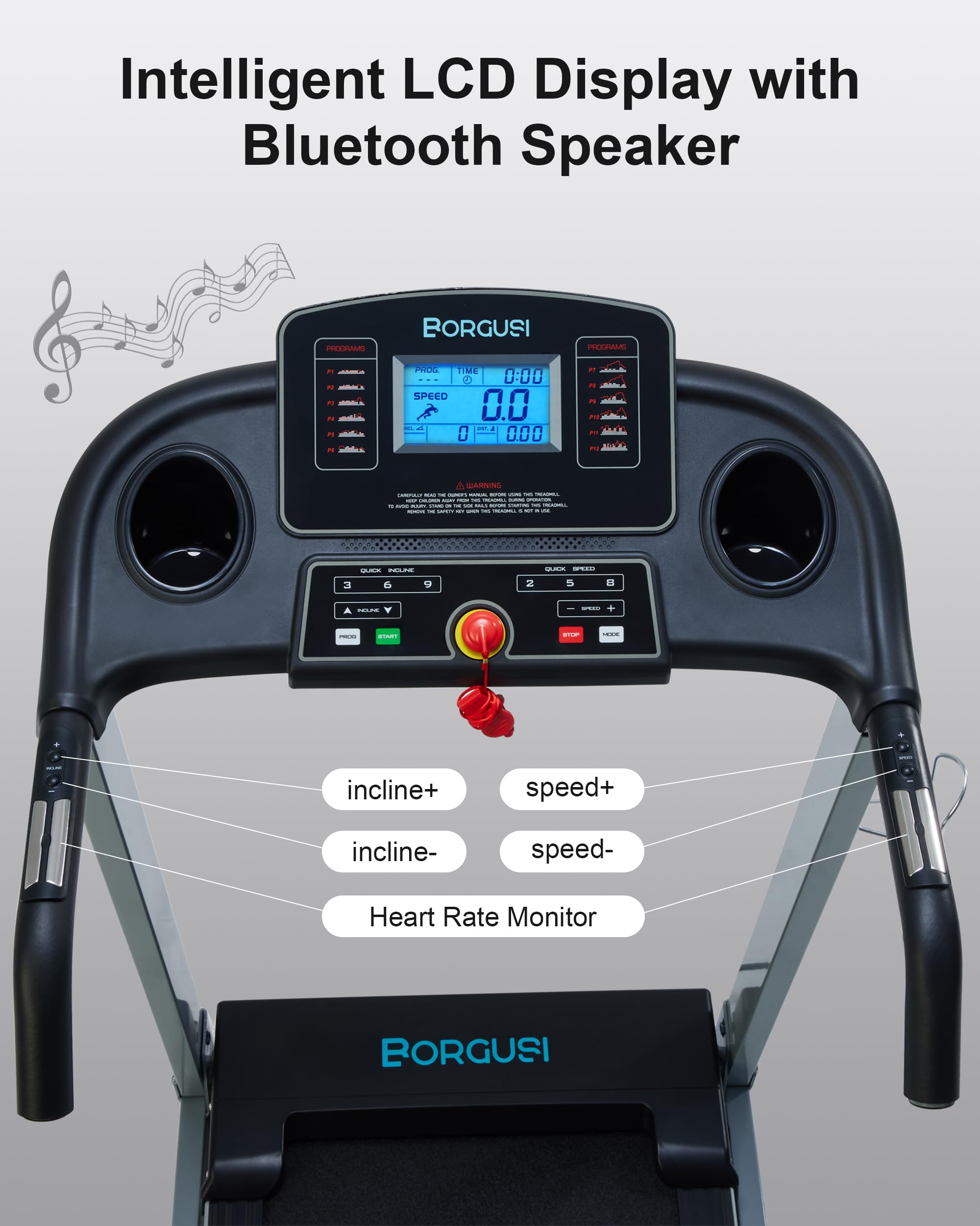 BORGUSI Auto Incline Treadmill with 300 LBS Capacity, 3HP Folding Electric Treadmills for Home, Running Machine with 17.5 Wide Belt, Shock Absorption, 8.5 MPH Speed, Preset Programs, Bluetooth Speaker