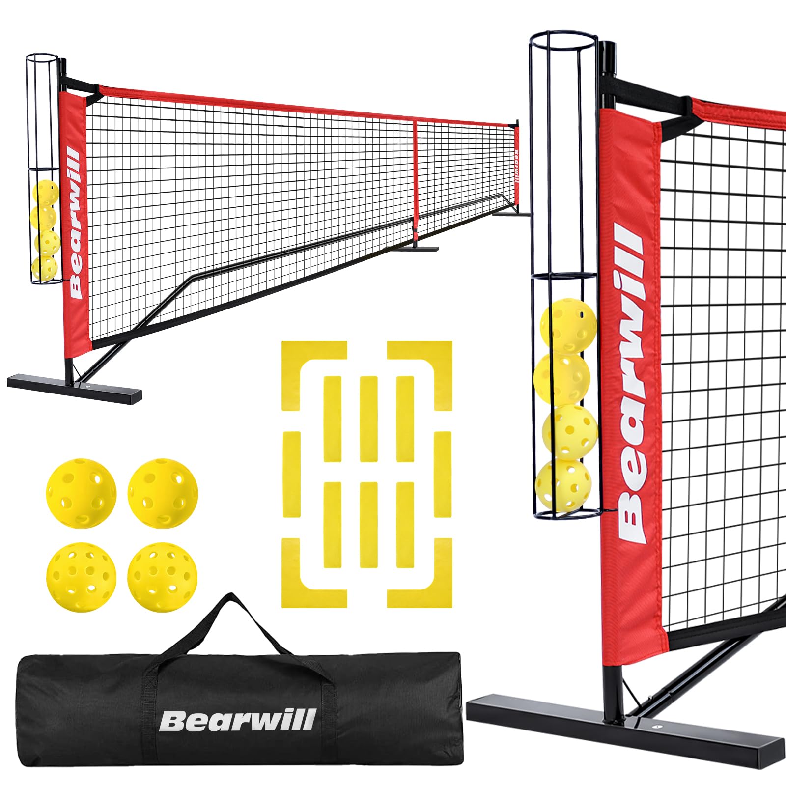 Bearwill Pickleball Net, 22 FT Regulation Size Portable Pickleball Net, Pickle Ball Net with Exclusive Ball Holder, Court Marker, 4 Pickleballs & Carry Bag, Pickle Ball Net for Outdoor Indoor Driveway