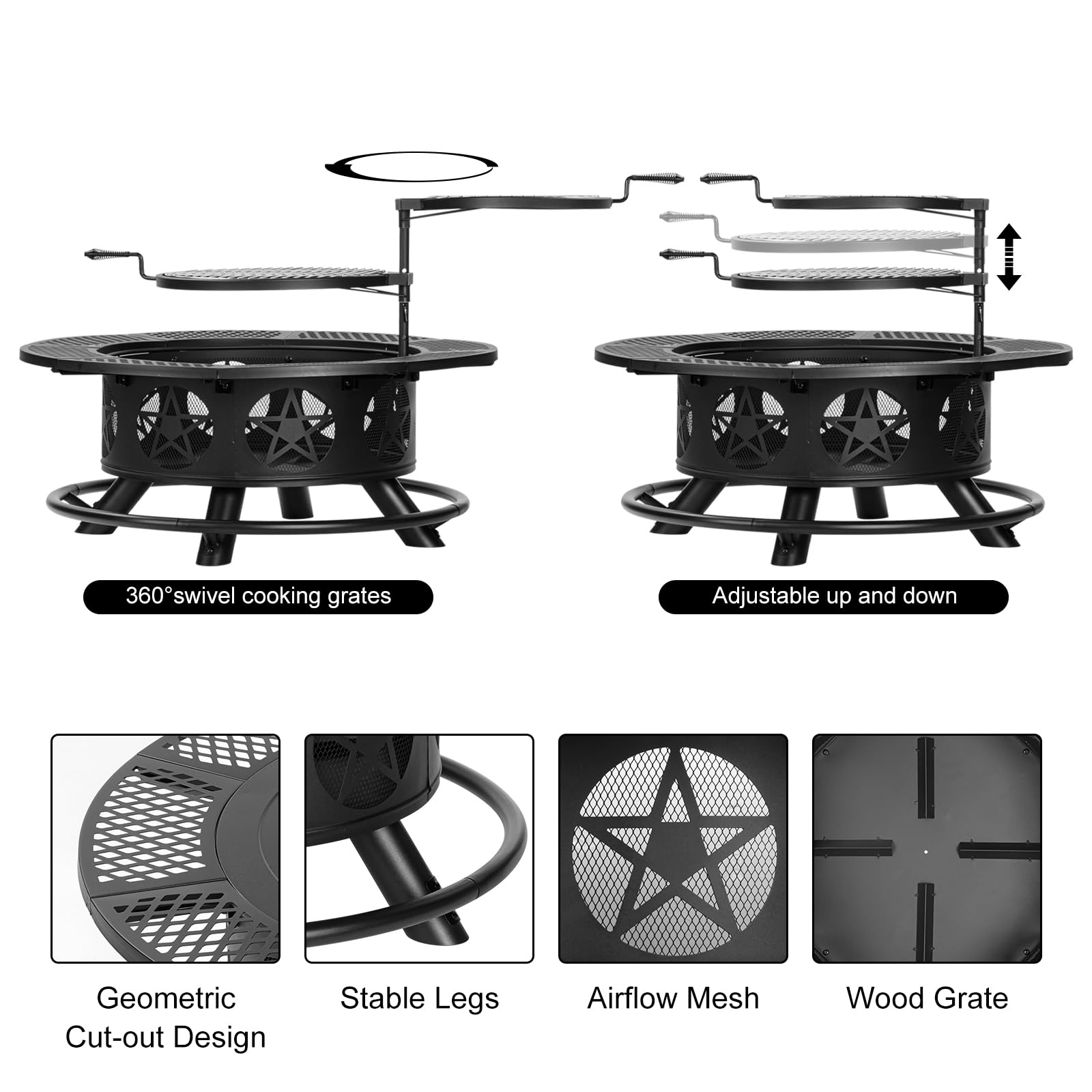 Outvue 42 Inch Fire Pit with 2 Grills, Extra Large Wood Burning Fire Pits for Outside with Lid & Poker, Heavy Duty Firepit,BBQ& Outdoor Fire Pit & Round Metal Table 3 in 1 for Patio, Picnic, Party