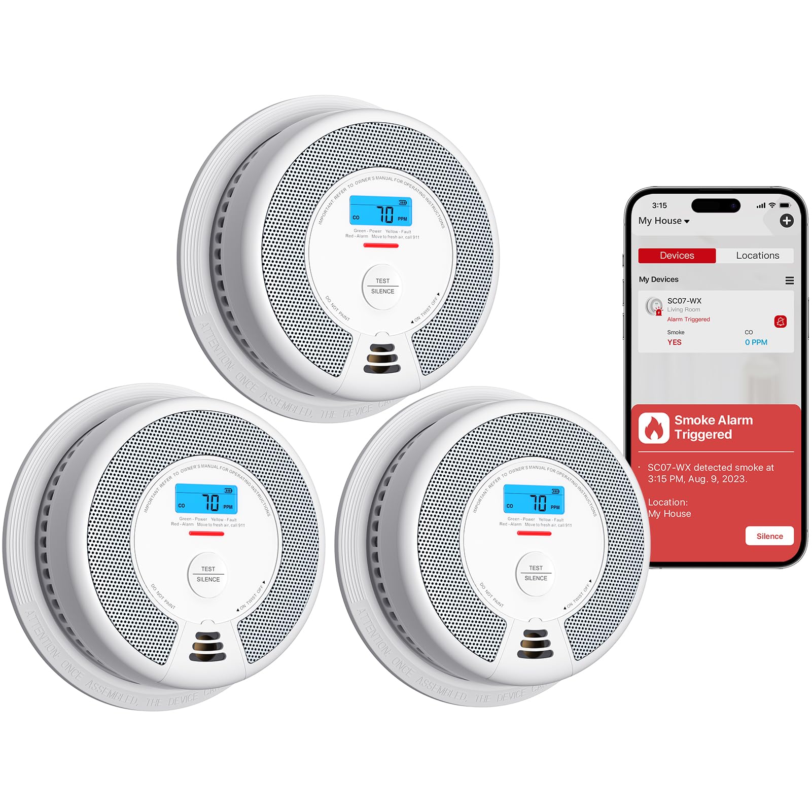 X-Sense Smart Smoke Detector Carbon Monoxide Detector Combo with Replaceable Battery, Wi-Fi Smoke and Carbon Monoxide Detector with Real-Time App Notifications, SC07-WX, 3-Pack